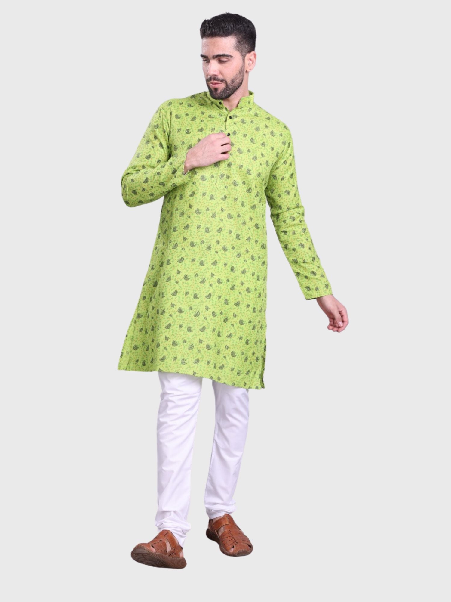 Tropical Green Hloom Printed Cotton Kurta