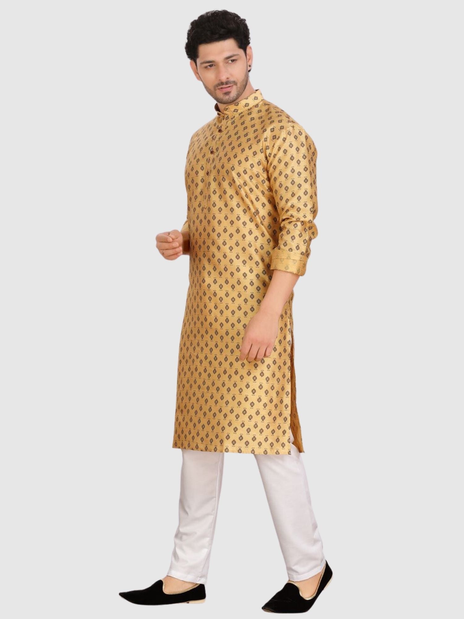 Butter Cream Silk Printed Kurta and Matching Dhoti