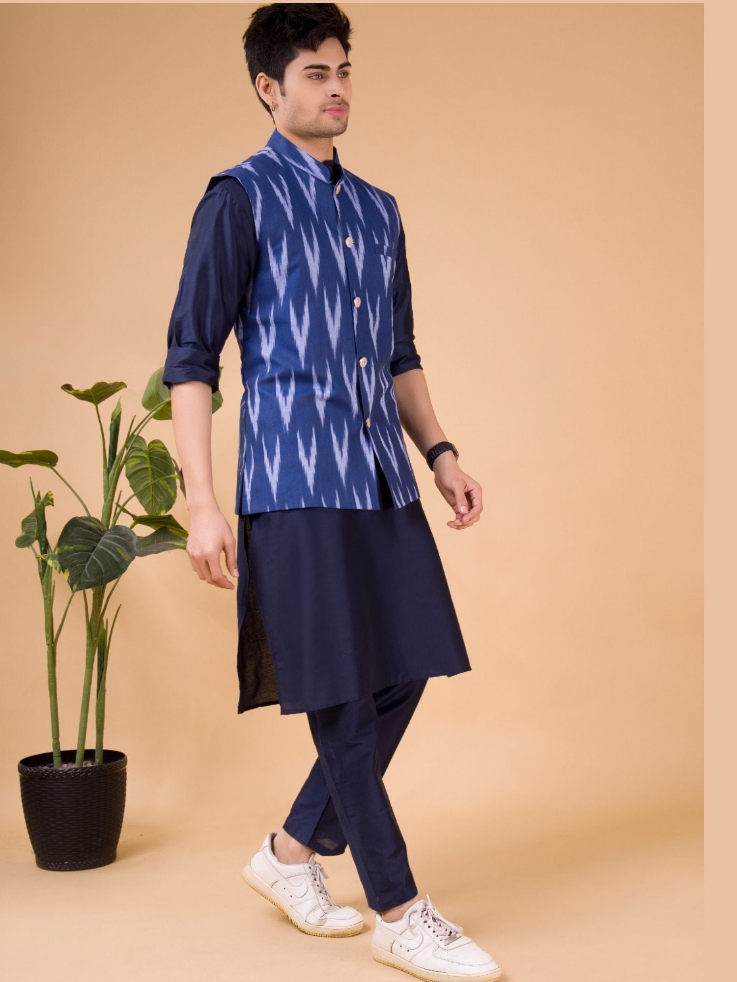 Iris Blue Solid Pattern Cotton Kurta Jacket Set