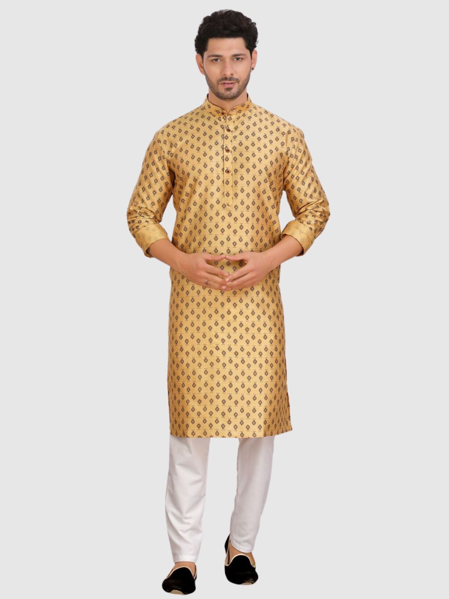 Butter Cream Silk Printed Kurta and Matching Dhoti