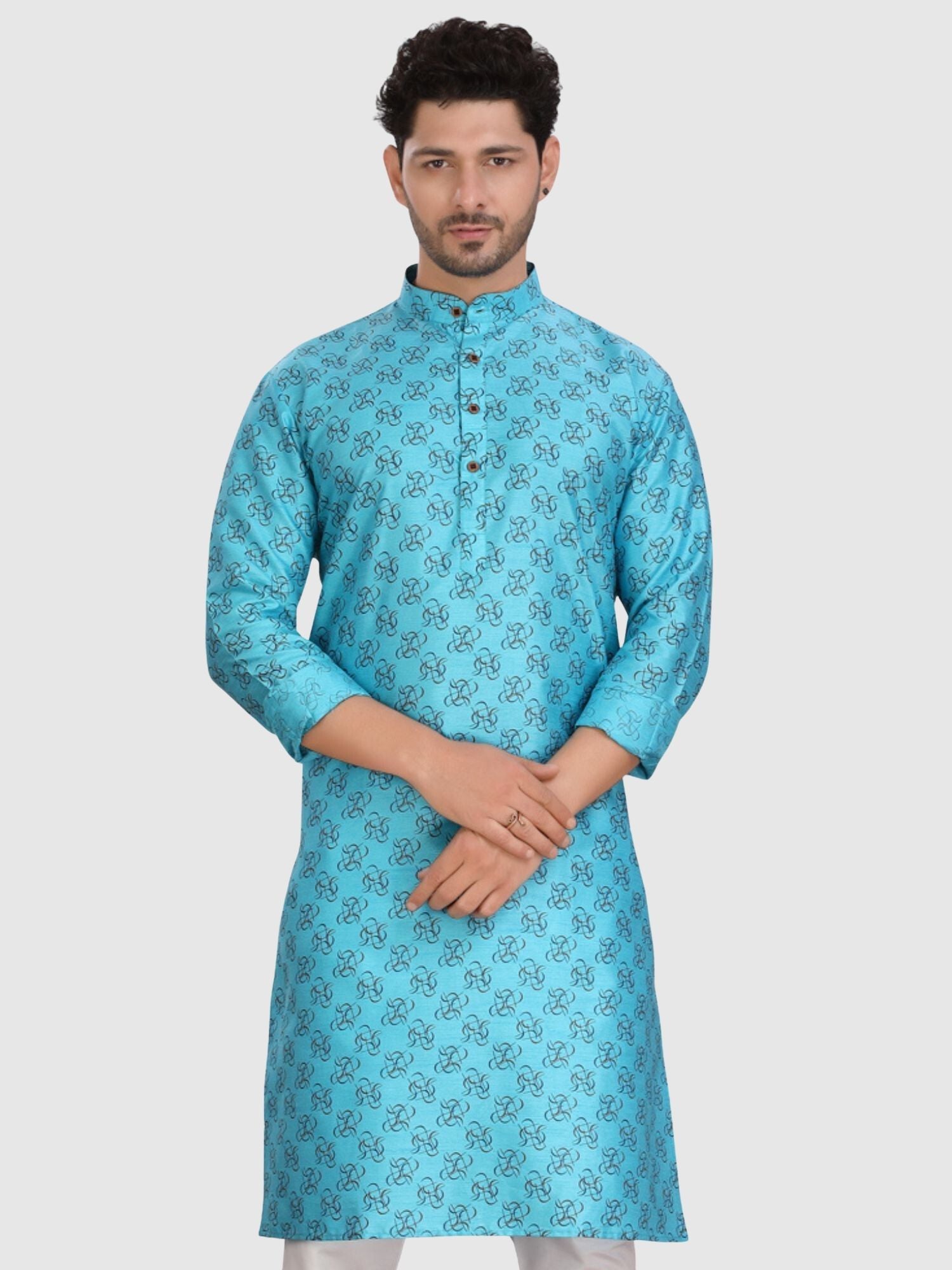 Iris Blue Silk Printed Kurta and Matching Dhoti