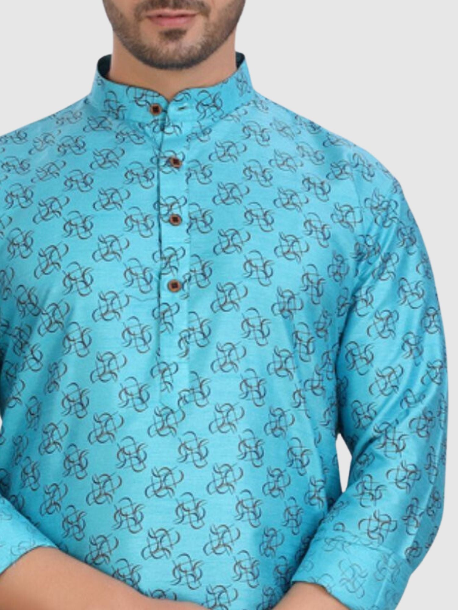 Iris Blue Silk Printed Kurta and Matching Dhoti