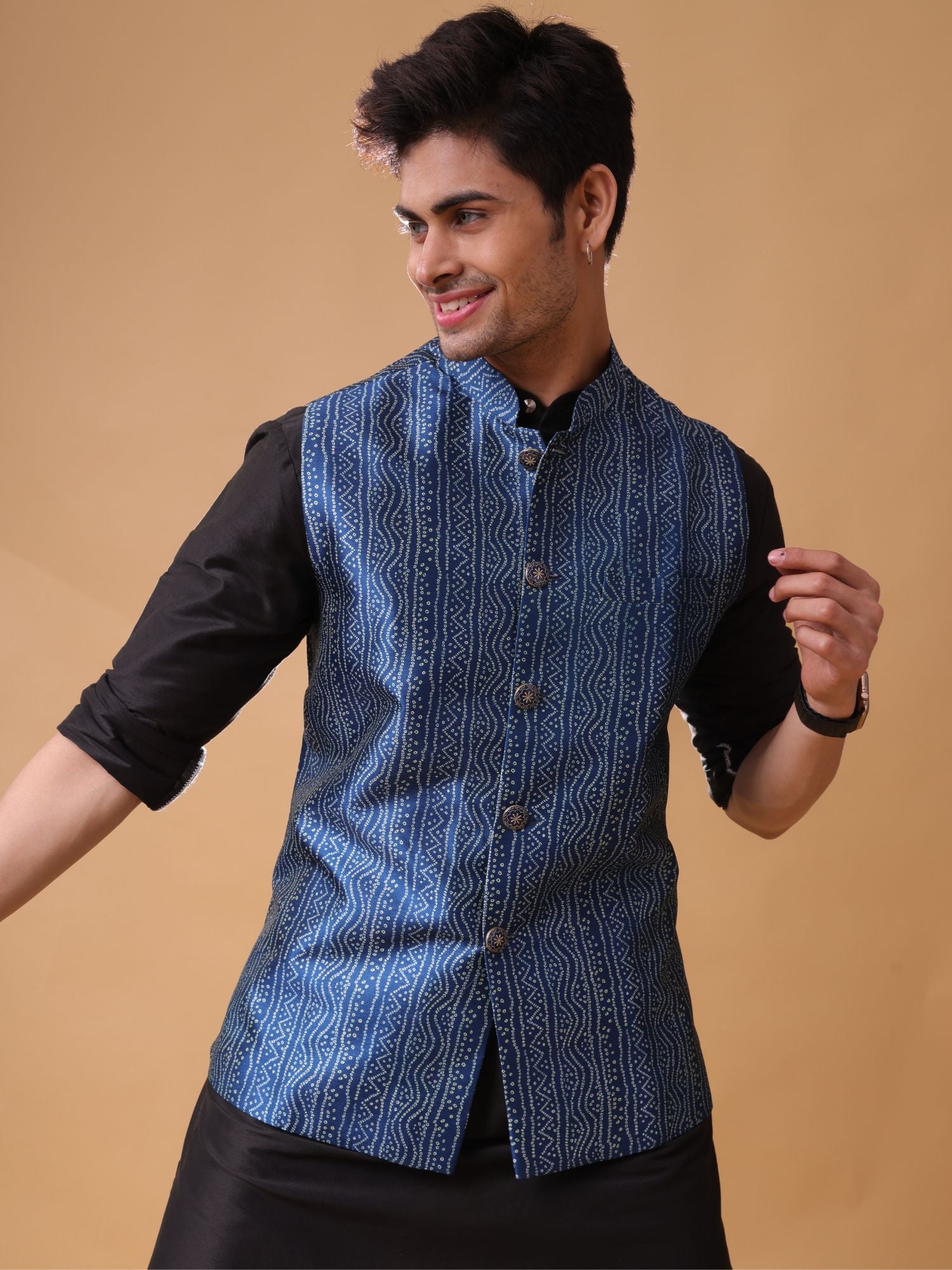 Iris Blue Buti Pattern Cotton Silk Nehru Jacket