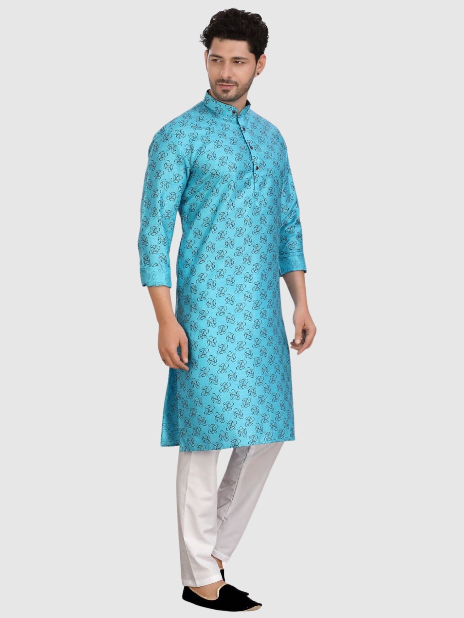 Iris Blue Silk Printed Kurta and Matching Dhoti