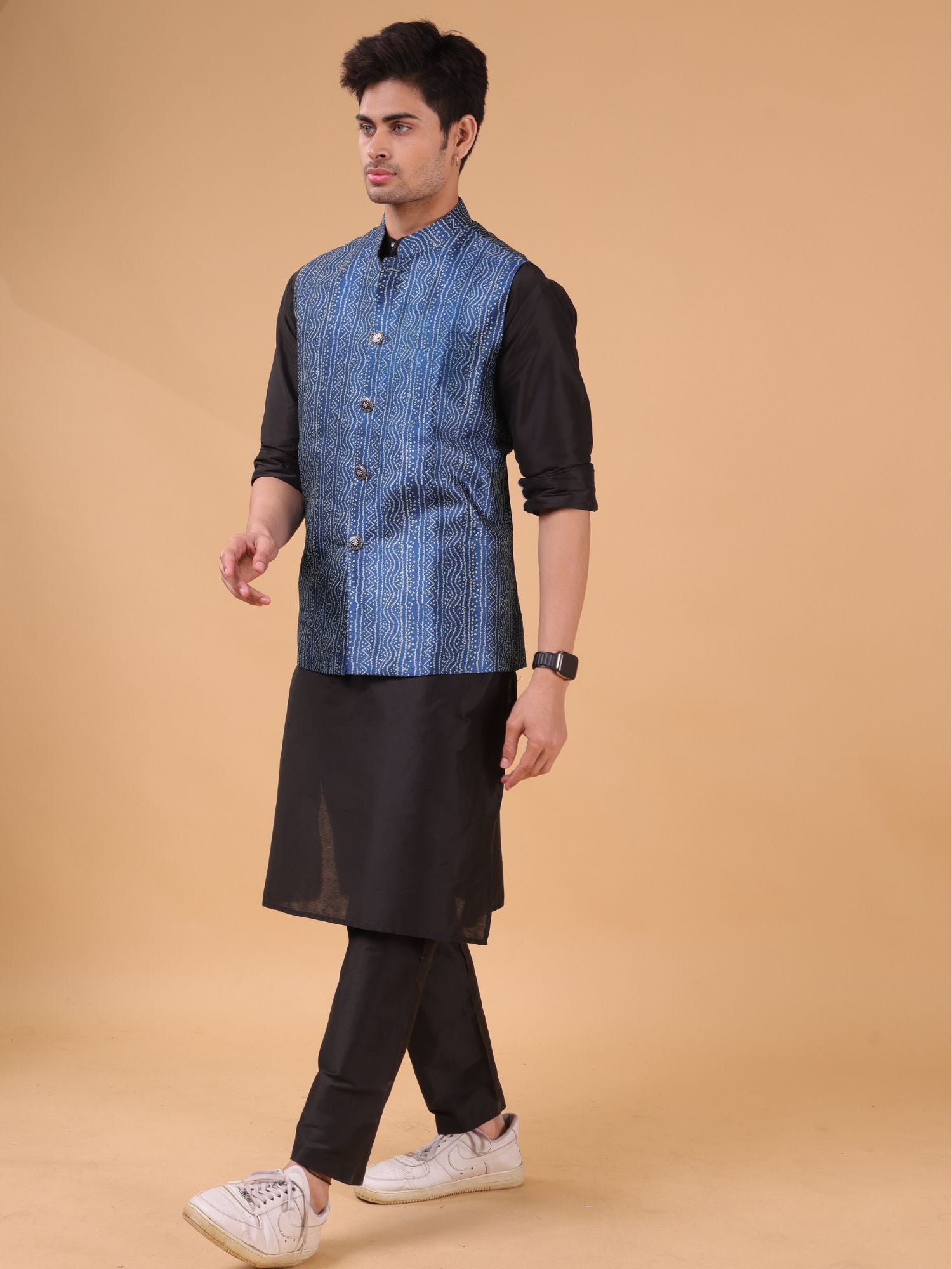 Iris Blue Buti Pattern Cotton Silk Nehru Jacket