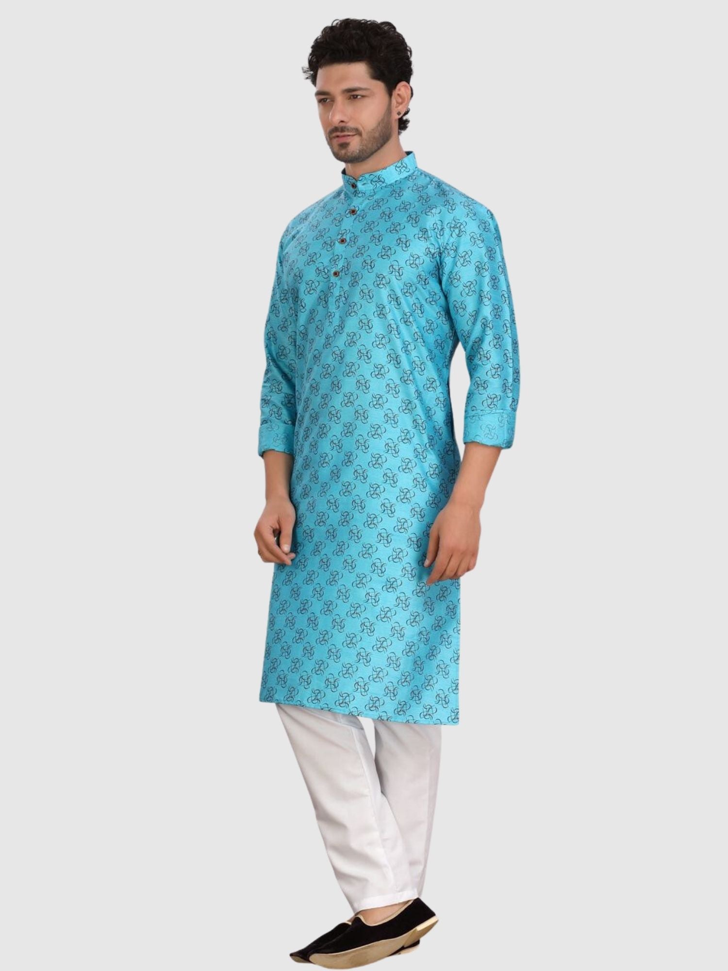Iris Blue Silk Printed Kurta and Matching Dhoti