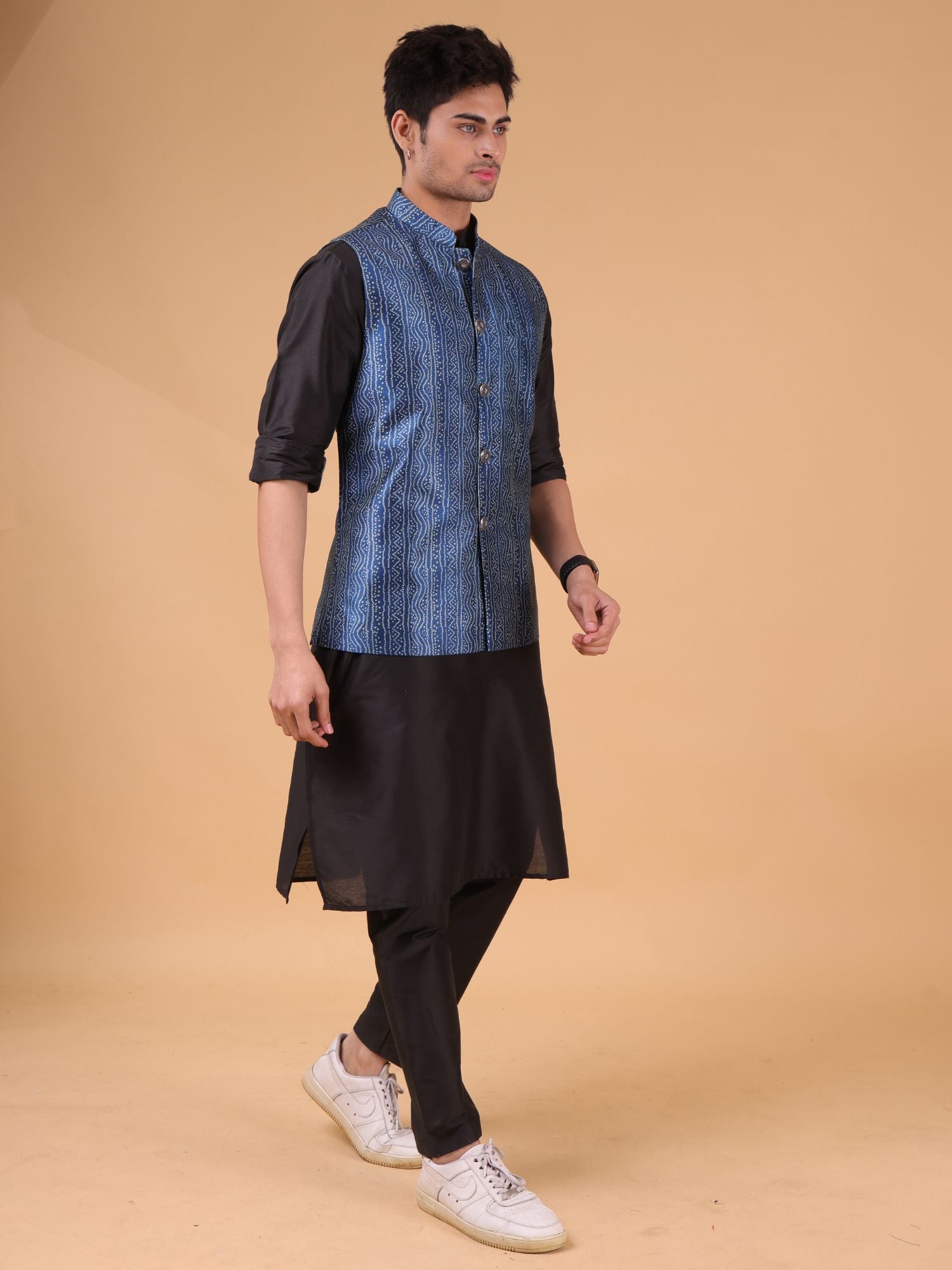 Iris Blue Buti Pattern Cotton Silk Nehru Jacket