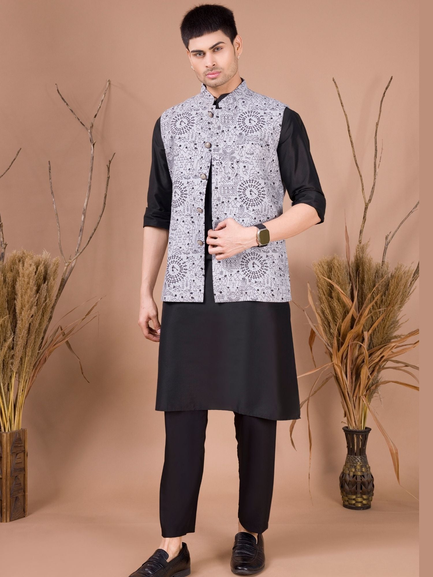 Jade Black Solid Pattern Kurta Jacket Set