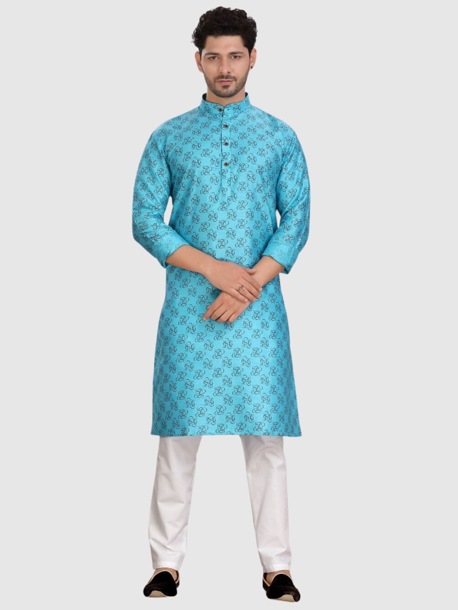 Iris Blue Silk Printed Kurta and Matching Dhoti