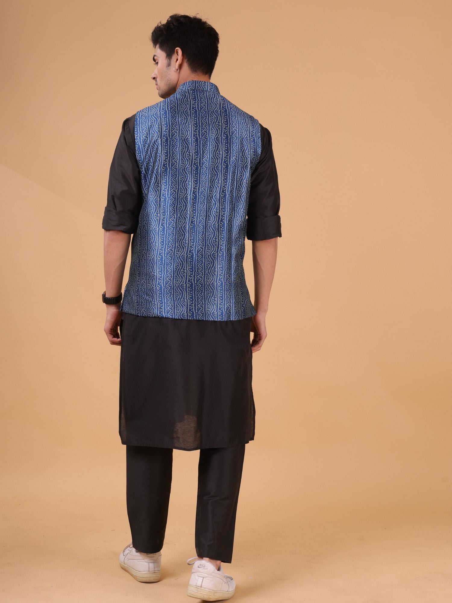 Iris Blue Buti Pattern Cotton Silk Nehru Jacket