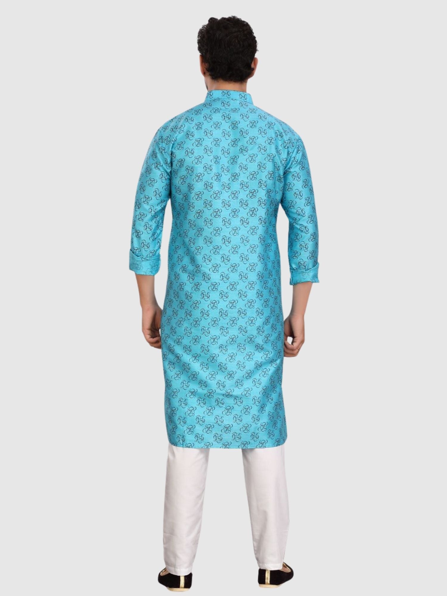 Iris Blue Silk Printed Kurta and Matching Dhoti