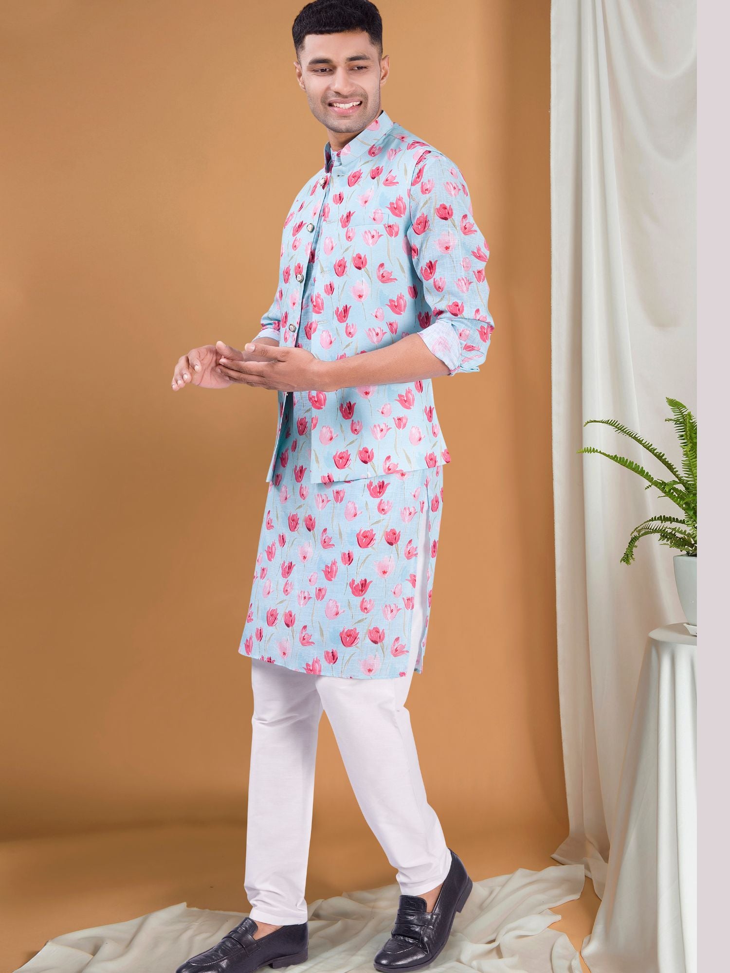 Light Blue Tropical Paradise Kurta Jacket Set