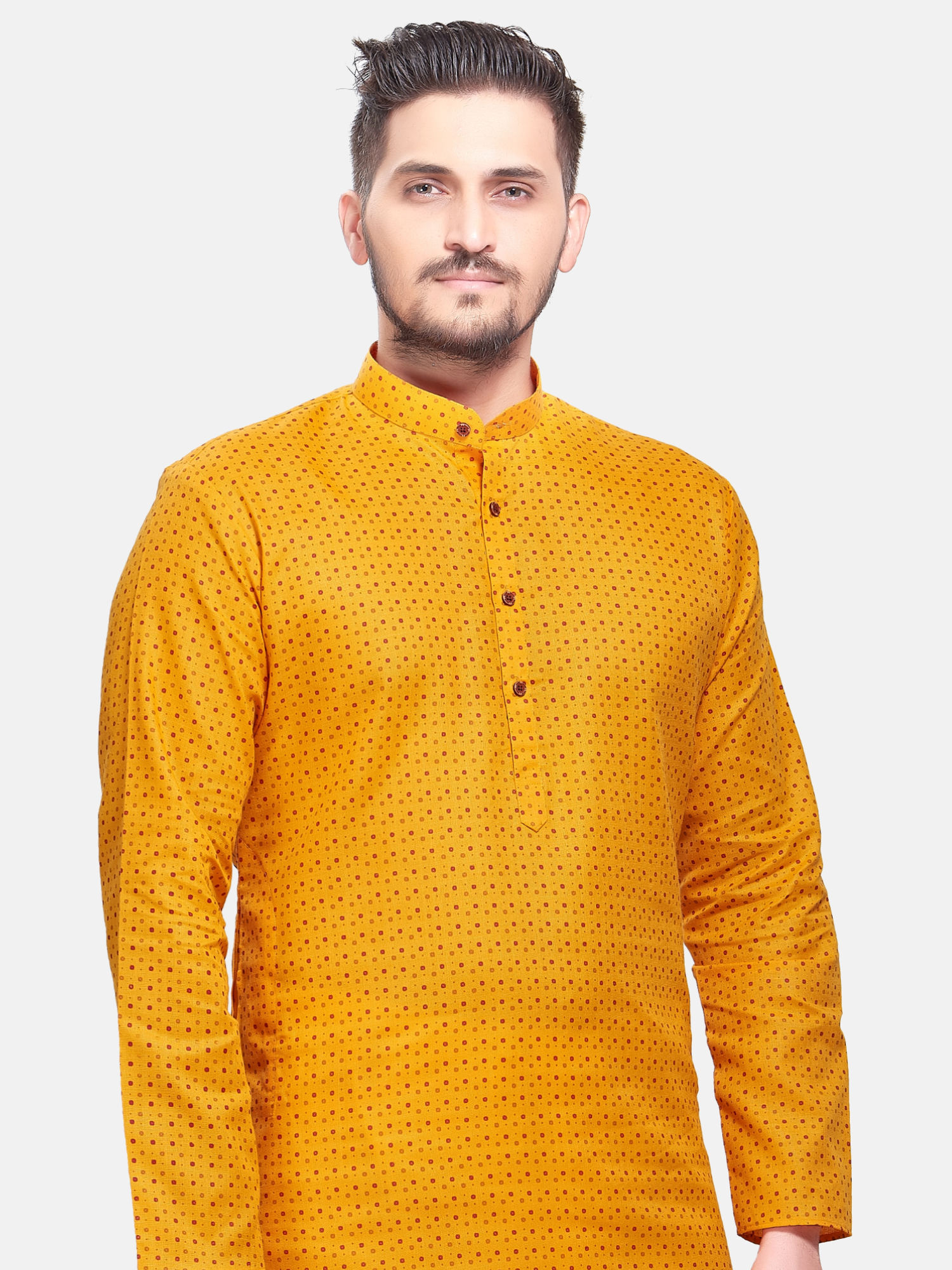 Sunshine Yellow Dot Printed Cotton Kurta and Matching Dhoti