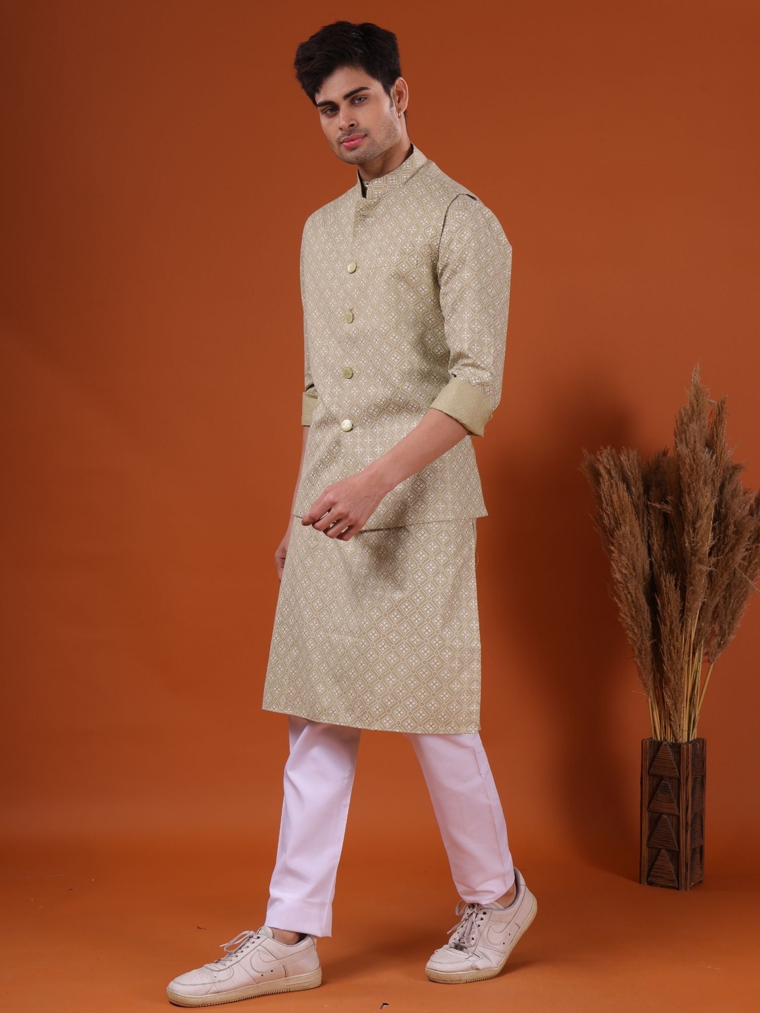 Crocodile Green Lotus Gold Printed Cotton Kurta Jacket Set