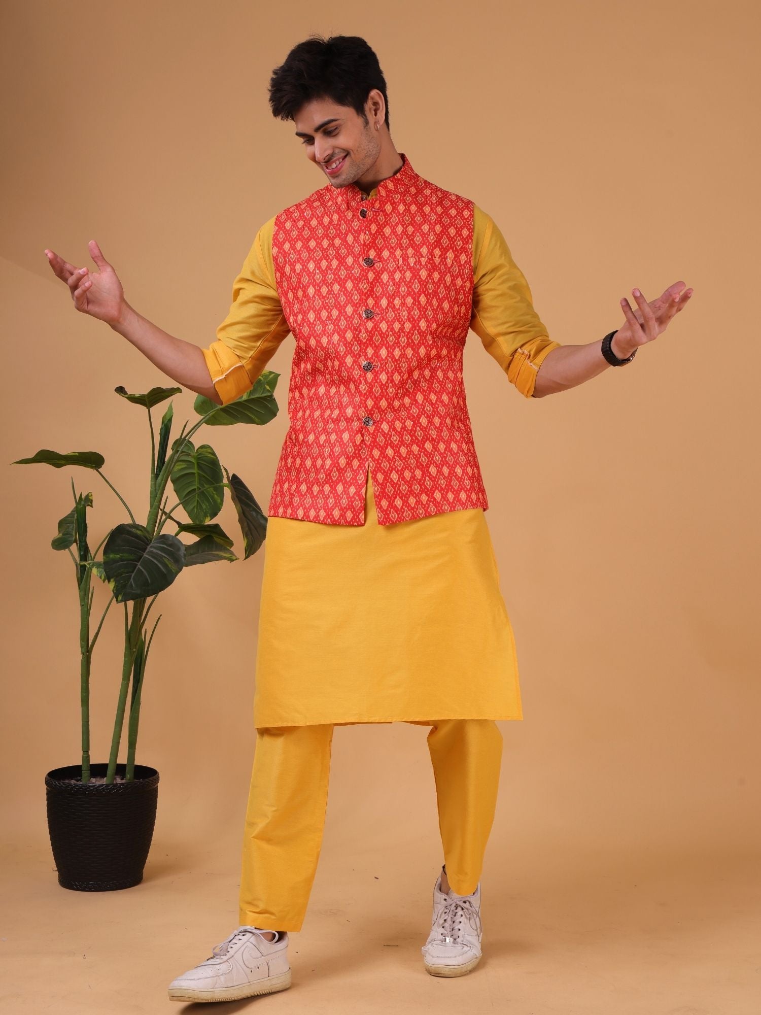 Shine Of Yellow Solid Pattern Cotton Silk Kurta Jacket Set