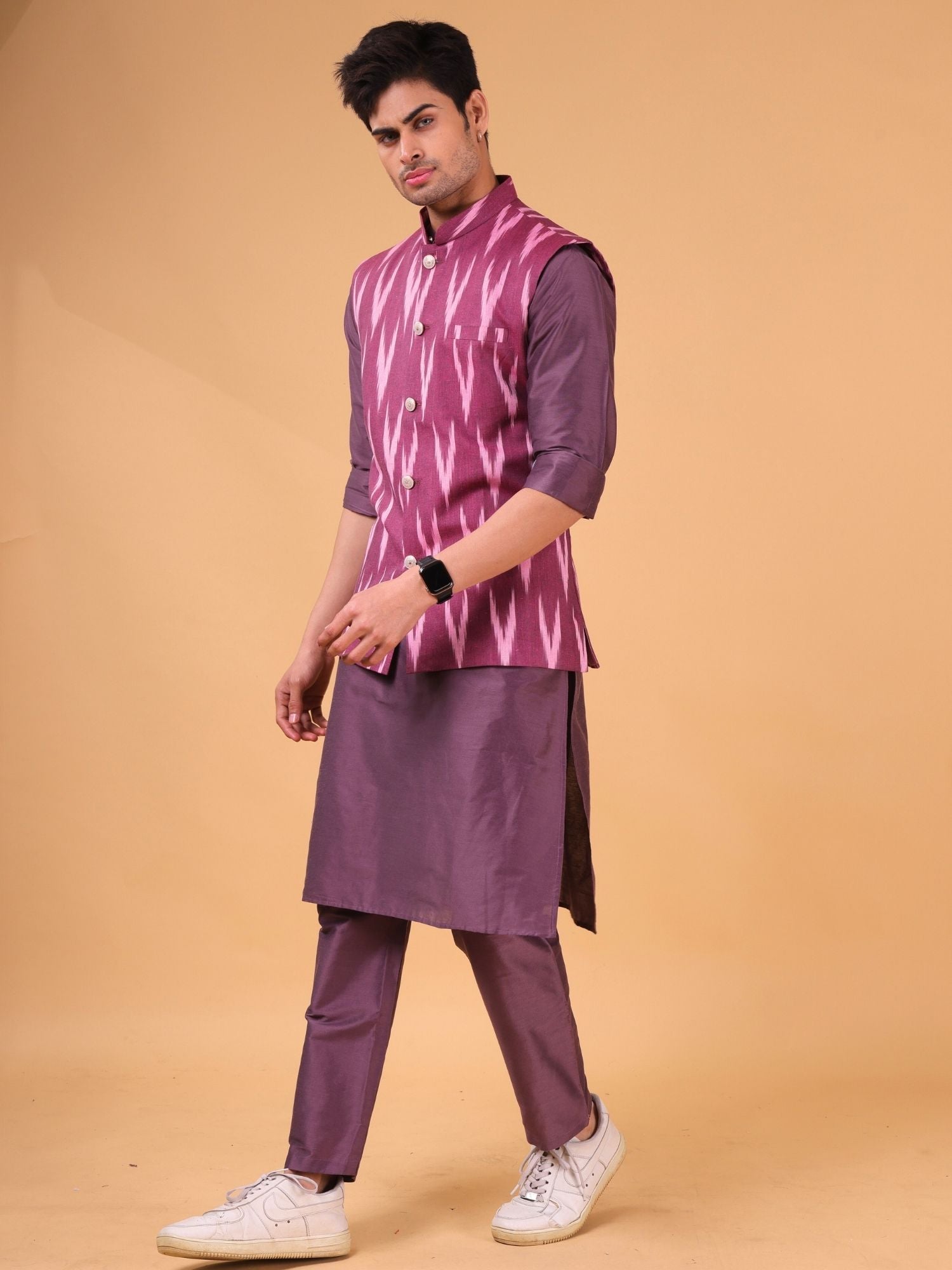Rich Maroon Solid Pattern Cotton Kurta Jacket Set