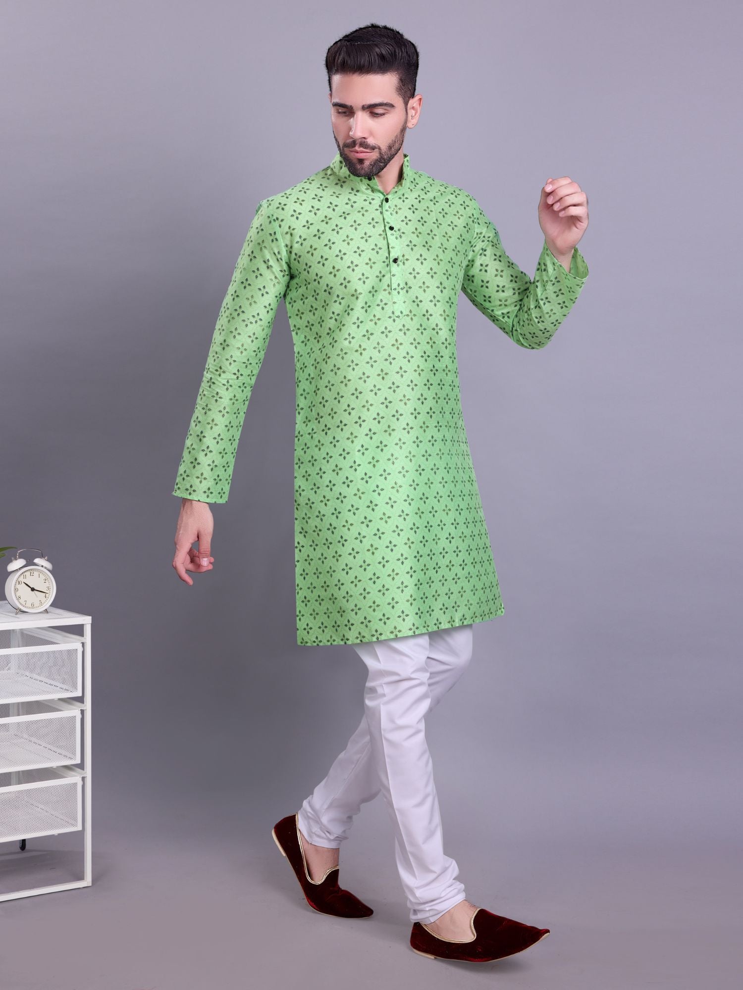 Tropical Green Hloom Printed Silk Kurta Pajama Set