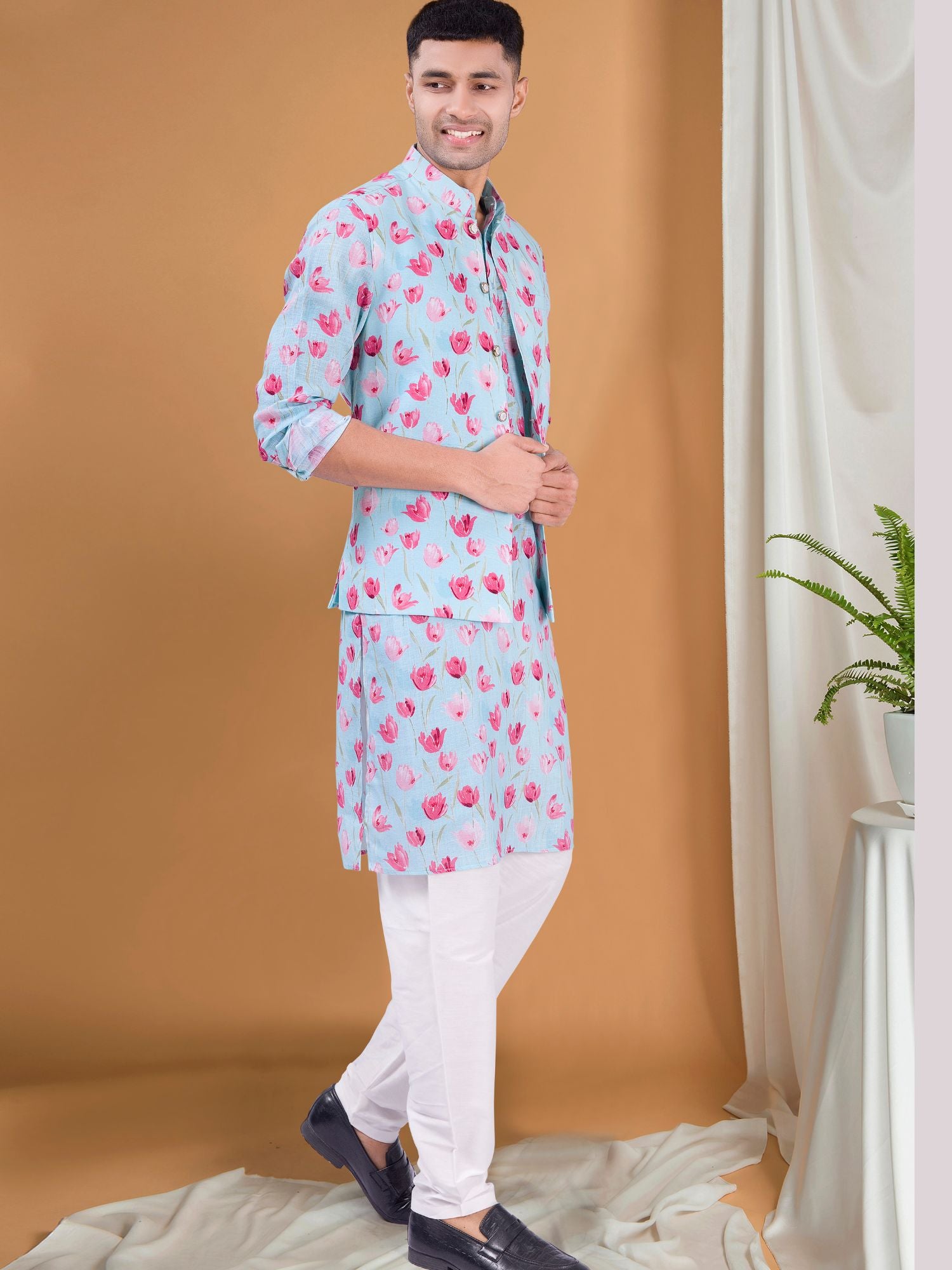 Light Blue Tropical Paradise Kurta Jacket Set