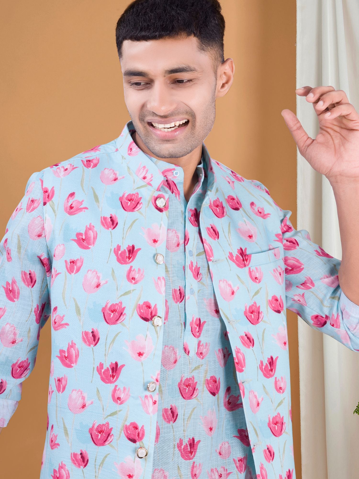 Light Blue Tropical Paradise Kurta Jacket Set