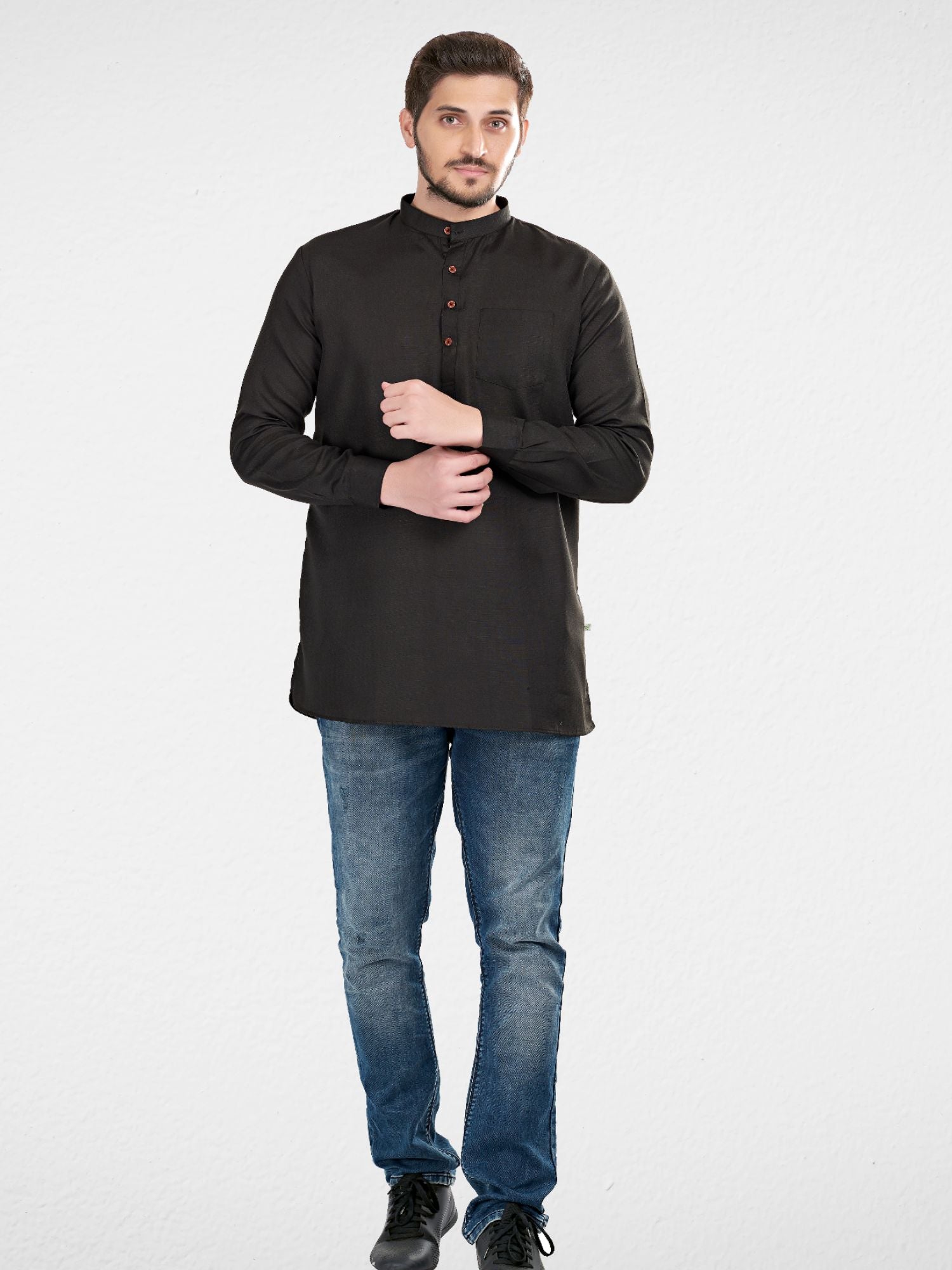 Jade Black Solid Long Sleeves Short Kurta