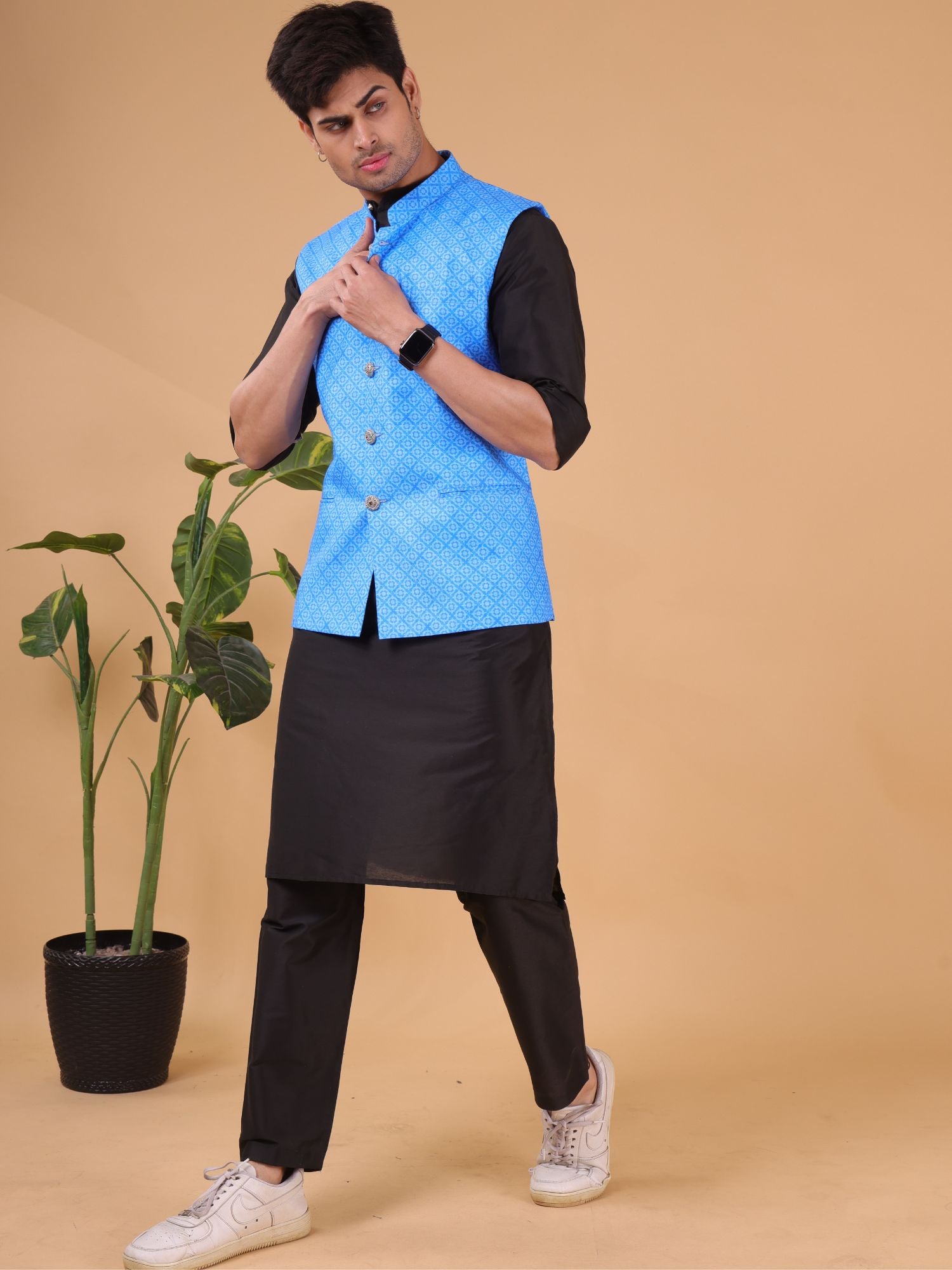 Azure Blue Buti Pattern Cotton Silk Nehru Jacket