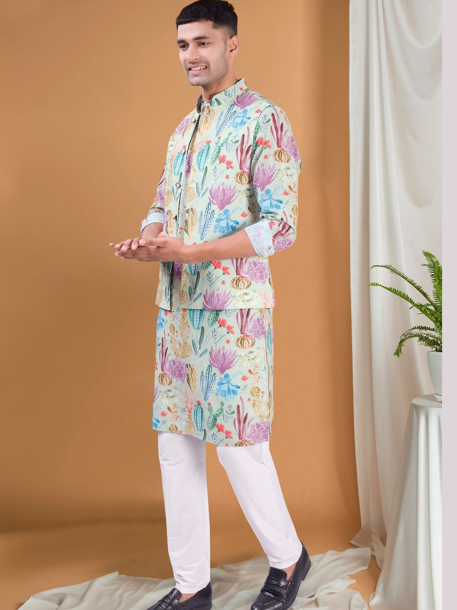 Light Green Tropical Paradise Kurta Jacket Set