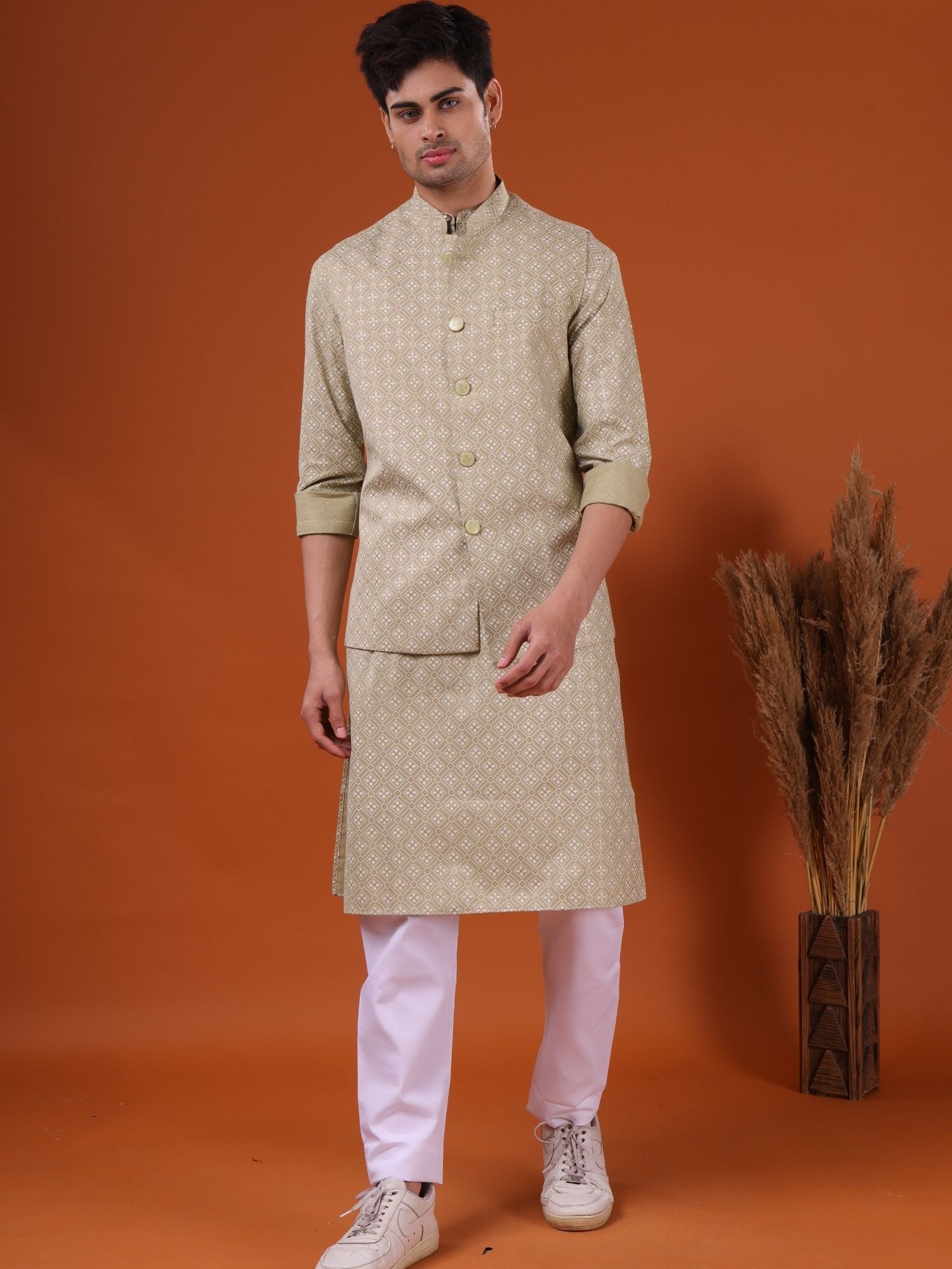 Crocodile Green Lotus Gold Printed Cotton Kurta Jacket Set