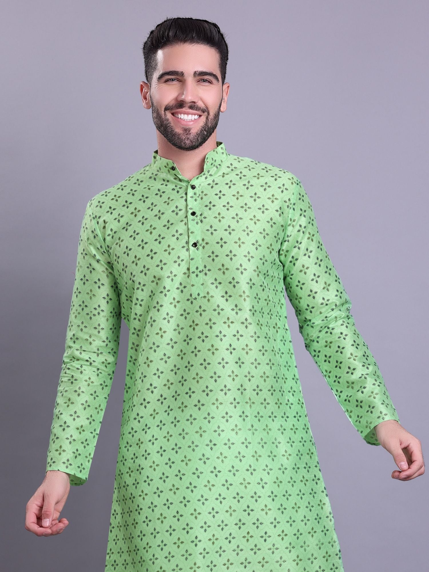 Tropical Green Hloom Printed Silk Kurta Pajama Set