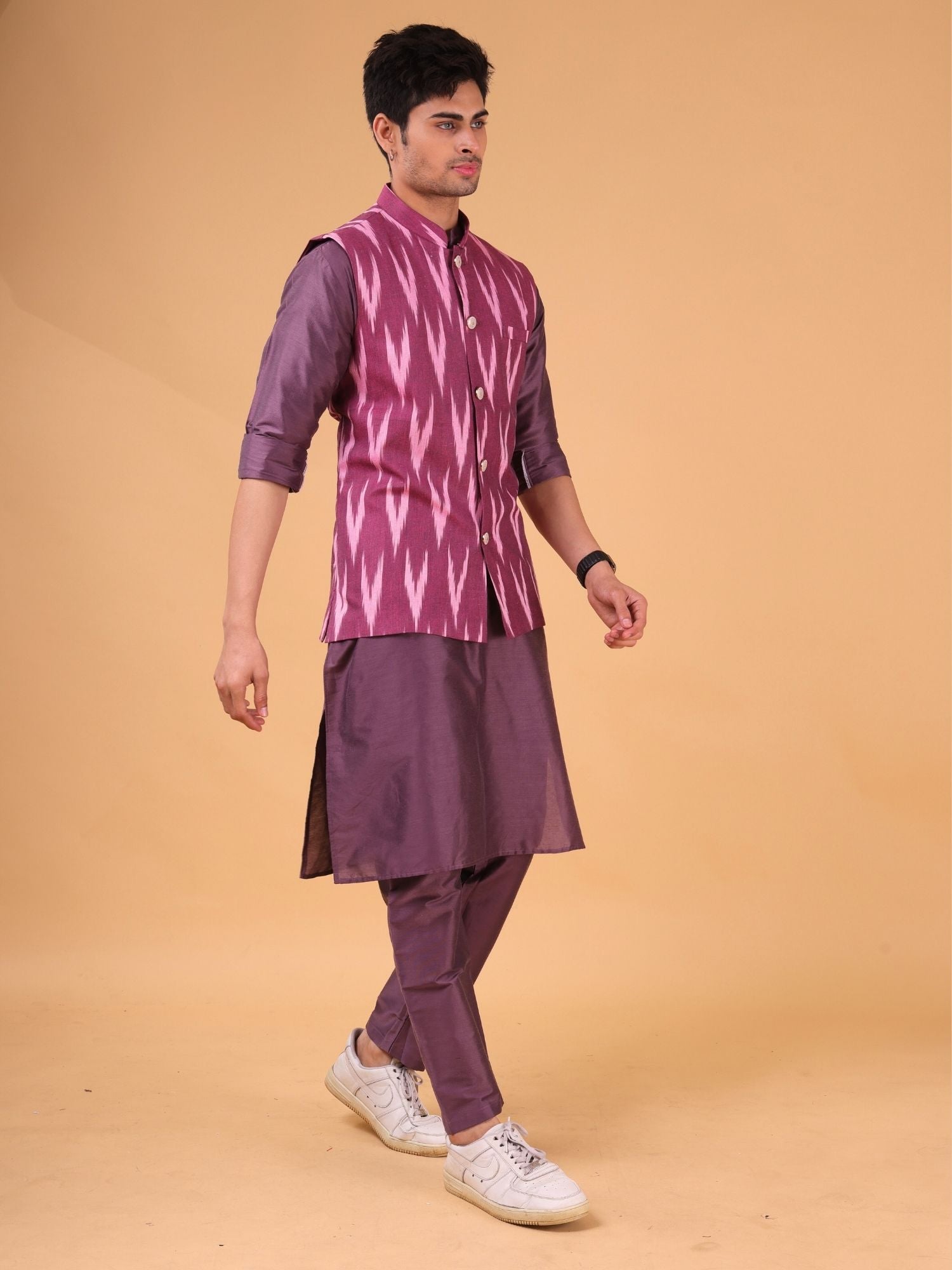 Rich Maroon Solid Pattern Cotton Kurta Jacket Set