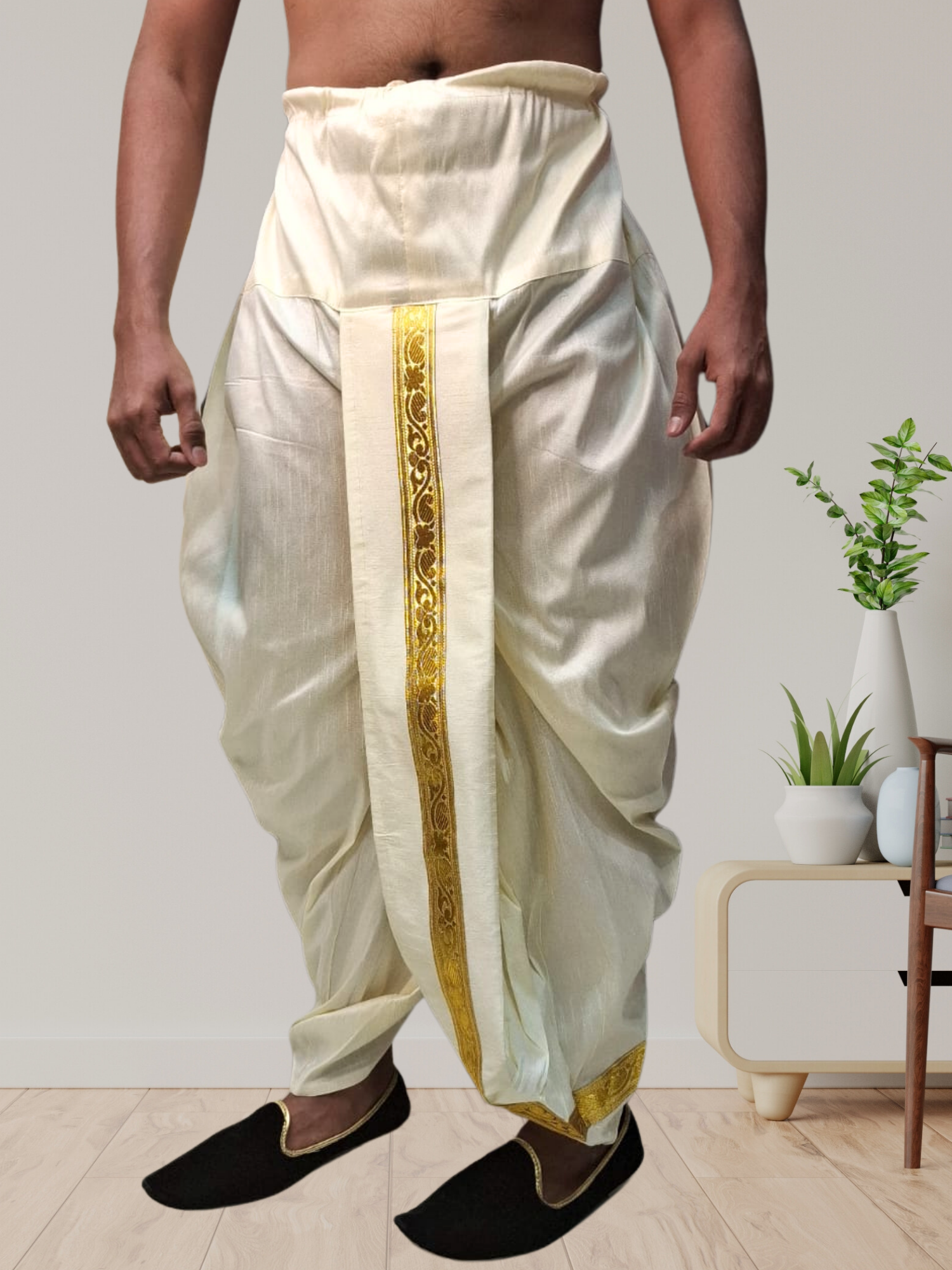 Butter Cream Silk Printed Kurta and Matching Dhoti