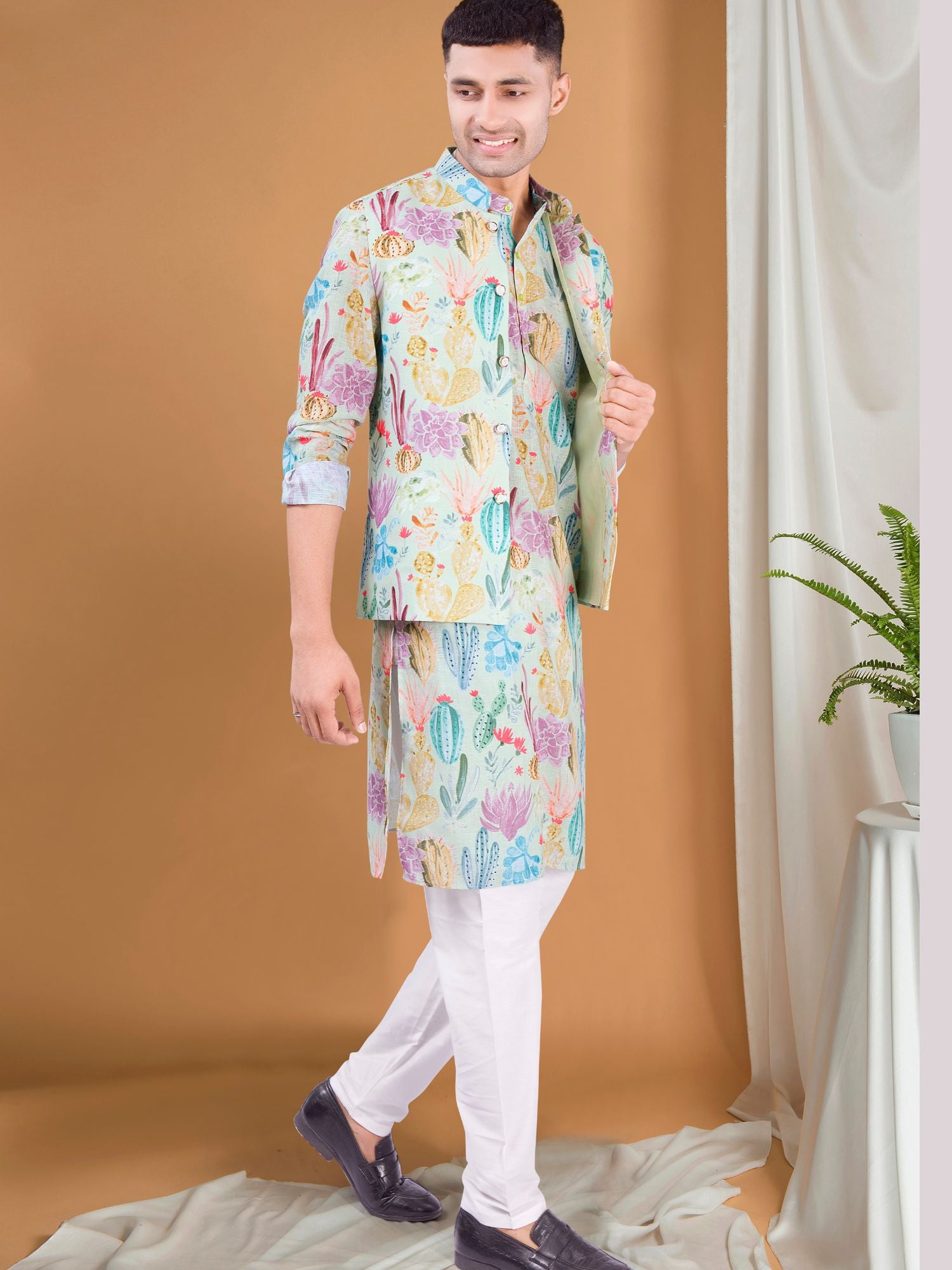 Light Green Tropical Paradise Kurta Jacket Set