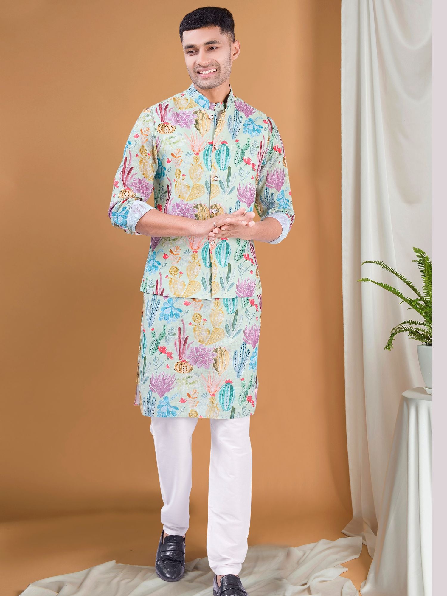Light Green Tropical Paradise Kurta Jacket Set