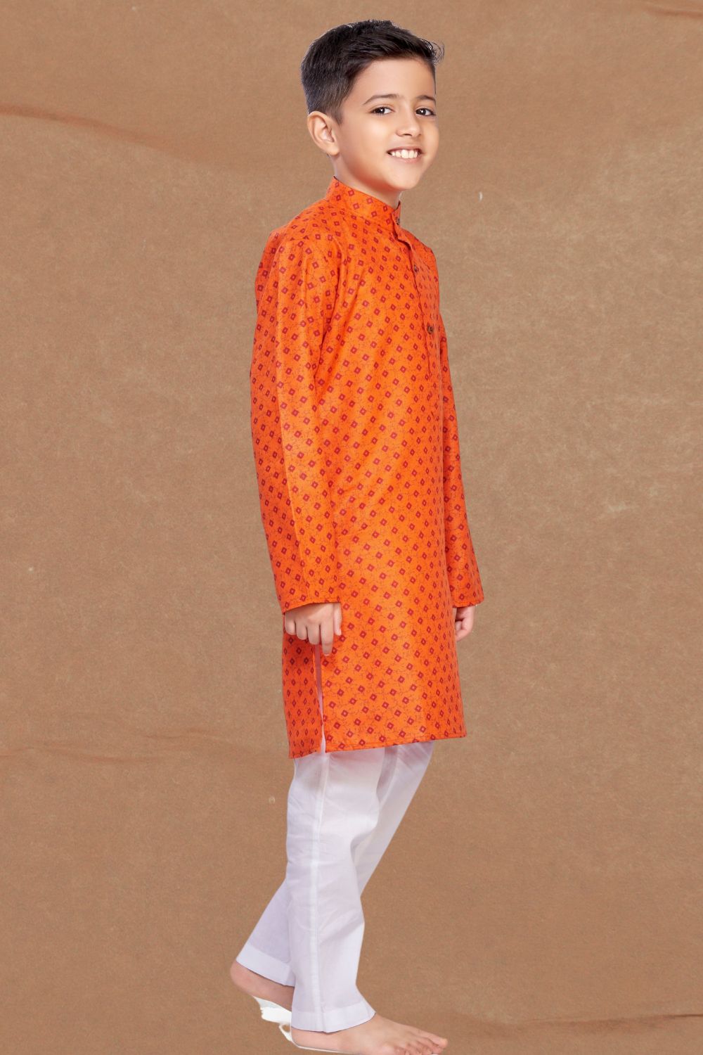 Apricot Orange Printed Cotton-Silk Kurta