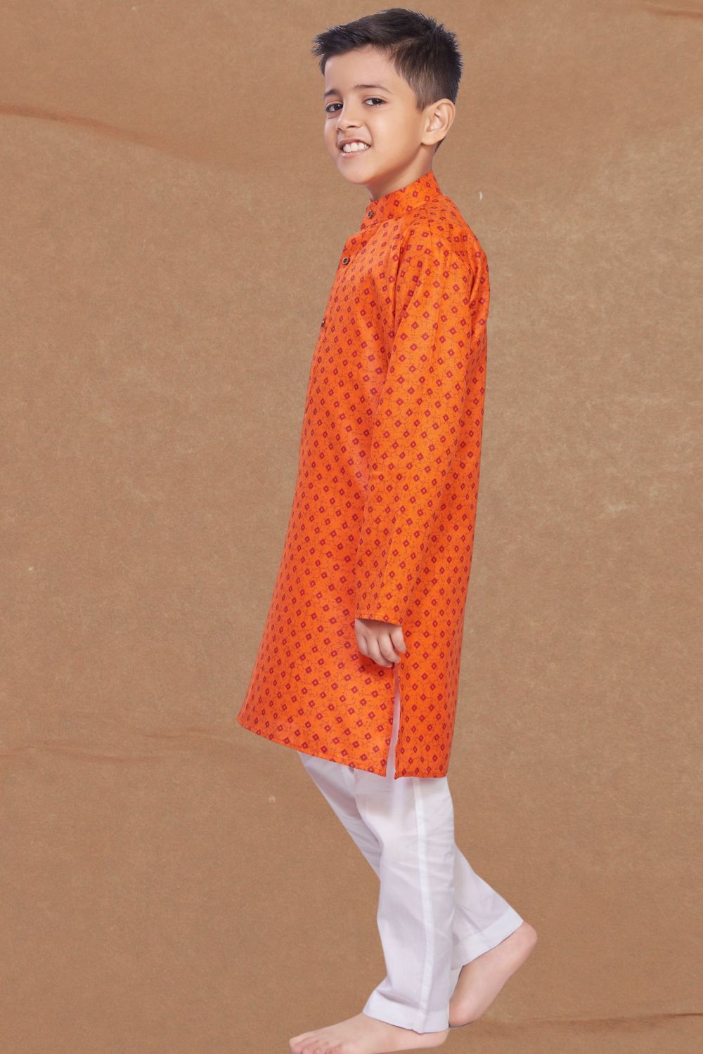 Apricot Orange Printed Cotton-Silk Kurta