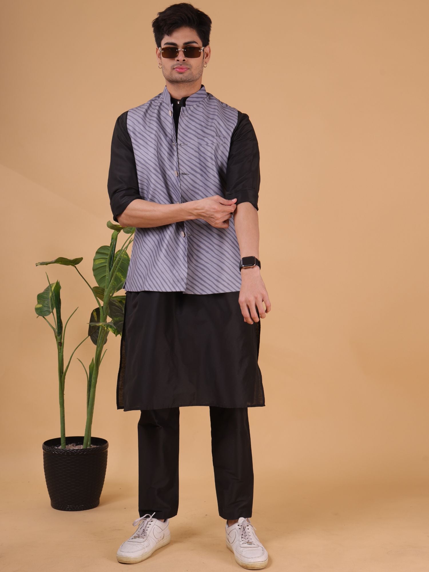 Metal Grey Buti Pattern Cotton Silk Nehru Jacket