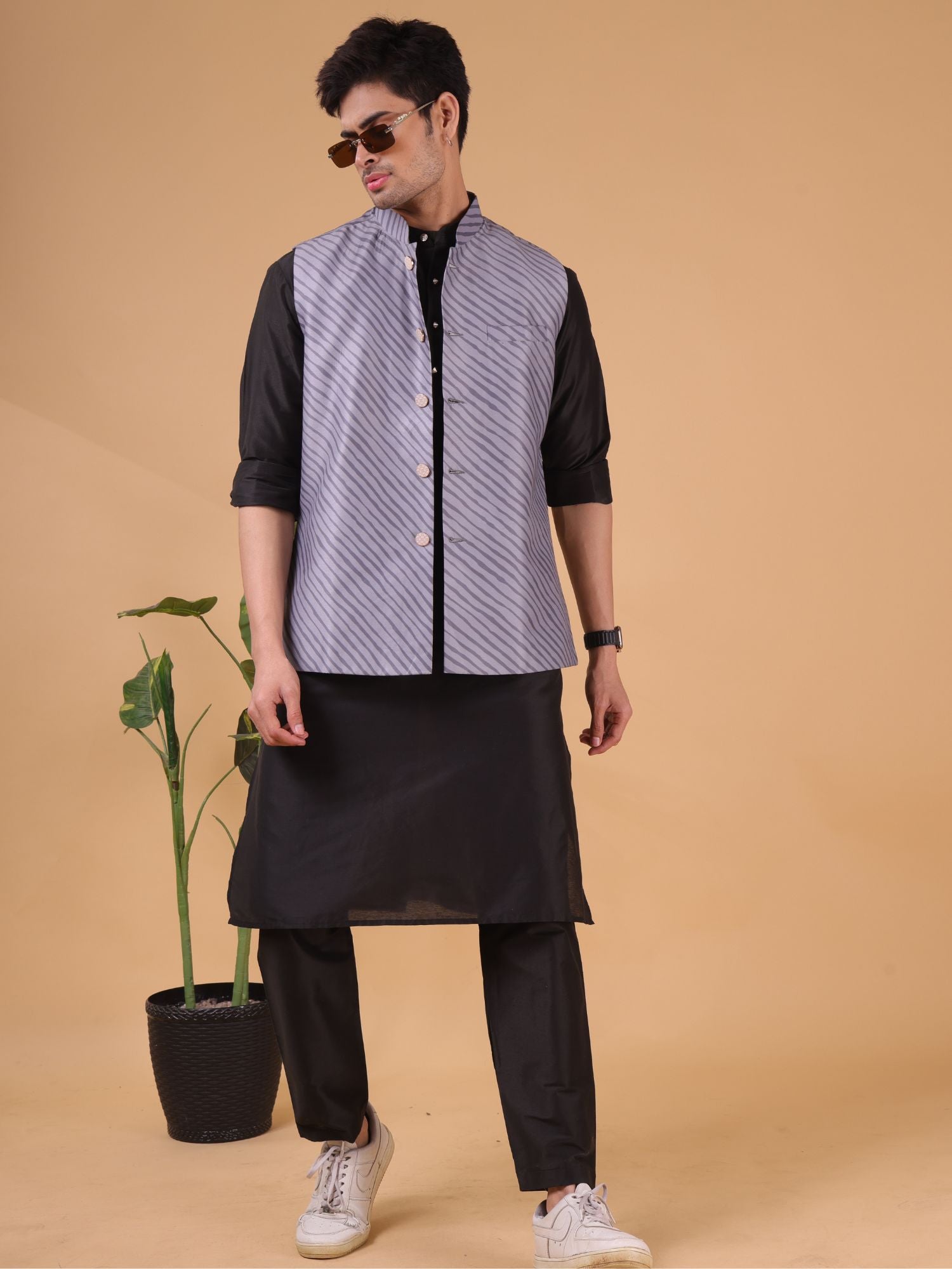 Metal Grey Buti Pattern Cotton Silk Nehru Jacket