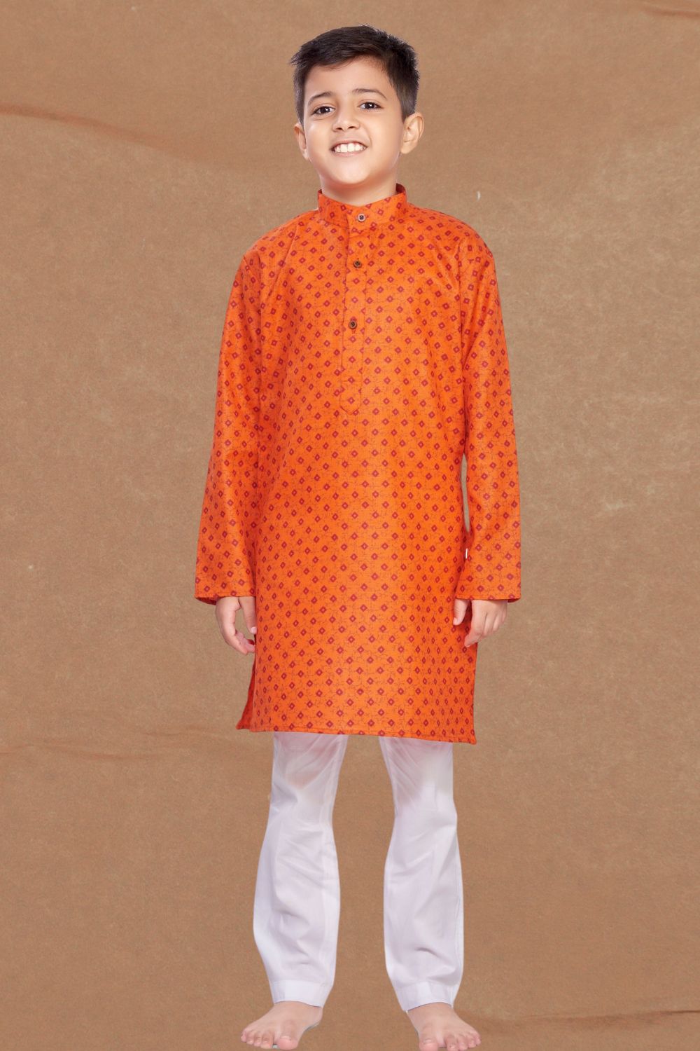 Apricot Orange Printed Cotton-Silk Kurta