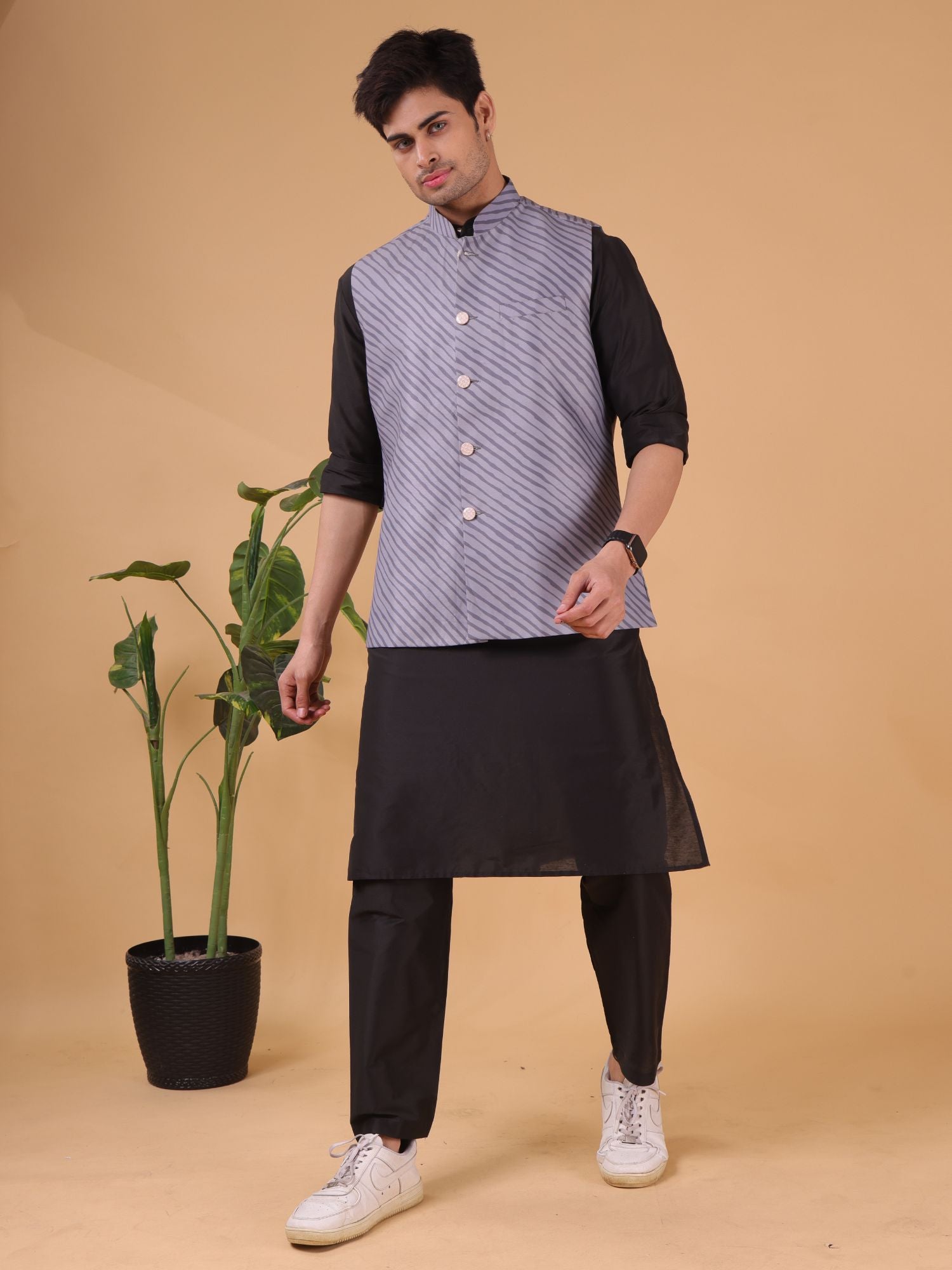 Metal Grey Buti Pattern Cotton Silk Nehru Jacket