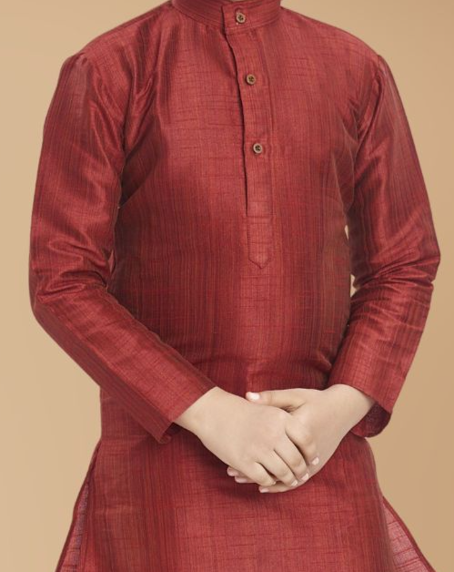 Barn Red Solid Cotton-Silk Kurta Pajama Suit