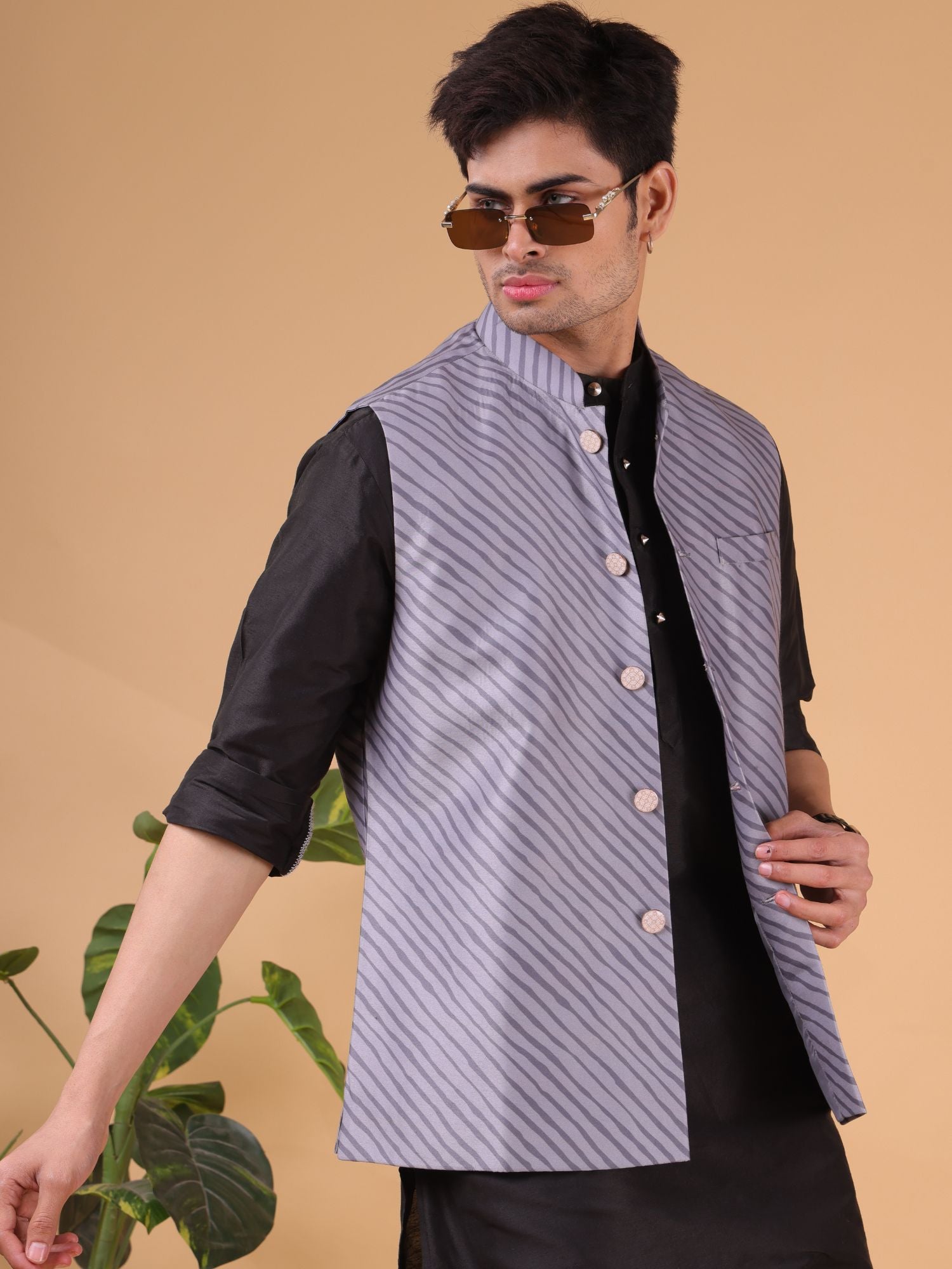 Metal Grey Buti Pattern Cotton Silk Nehru Jacket