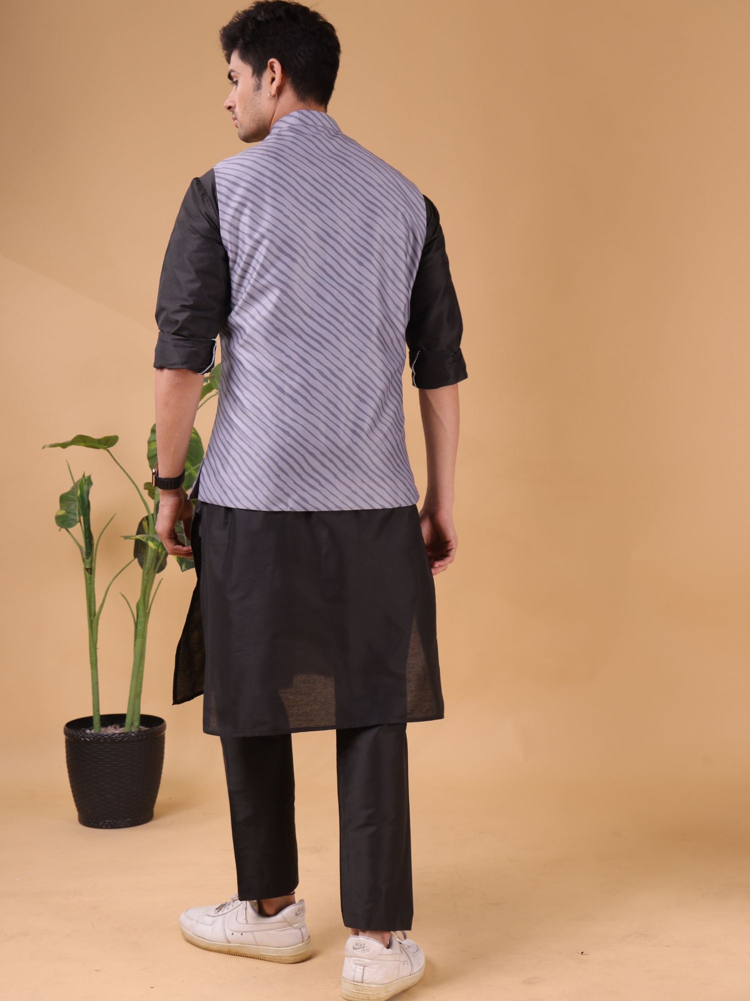 Metal Grey Buti Pattern Cotton Silk Nehru Jacket