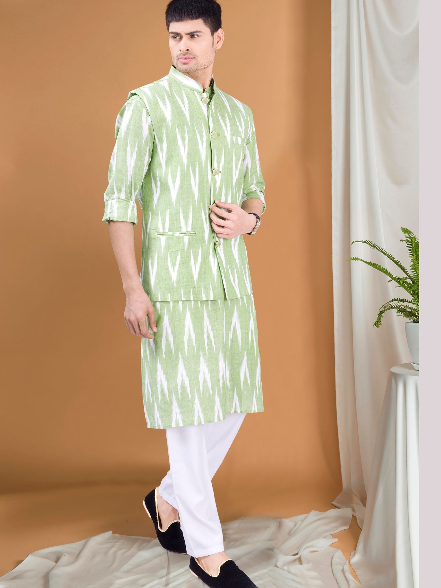 Tropical Green Ikat Print Kurta Jacket Set