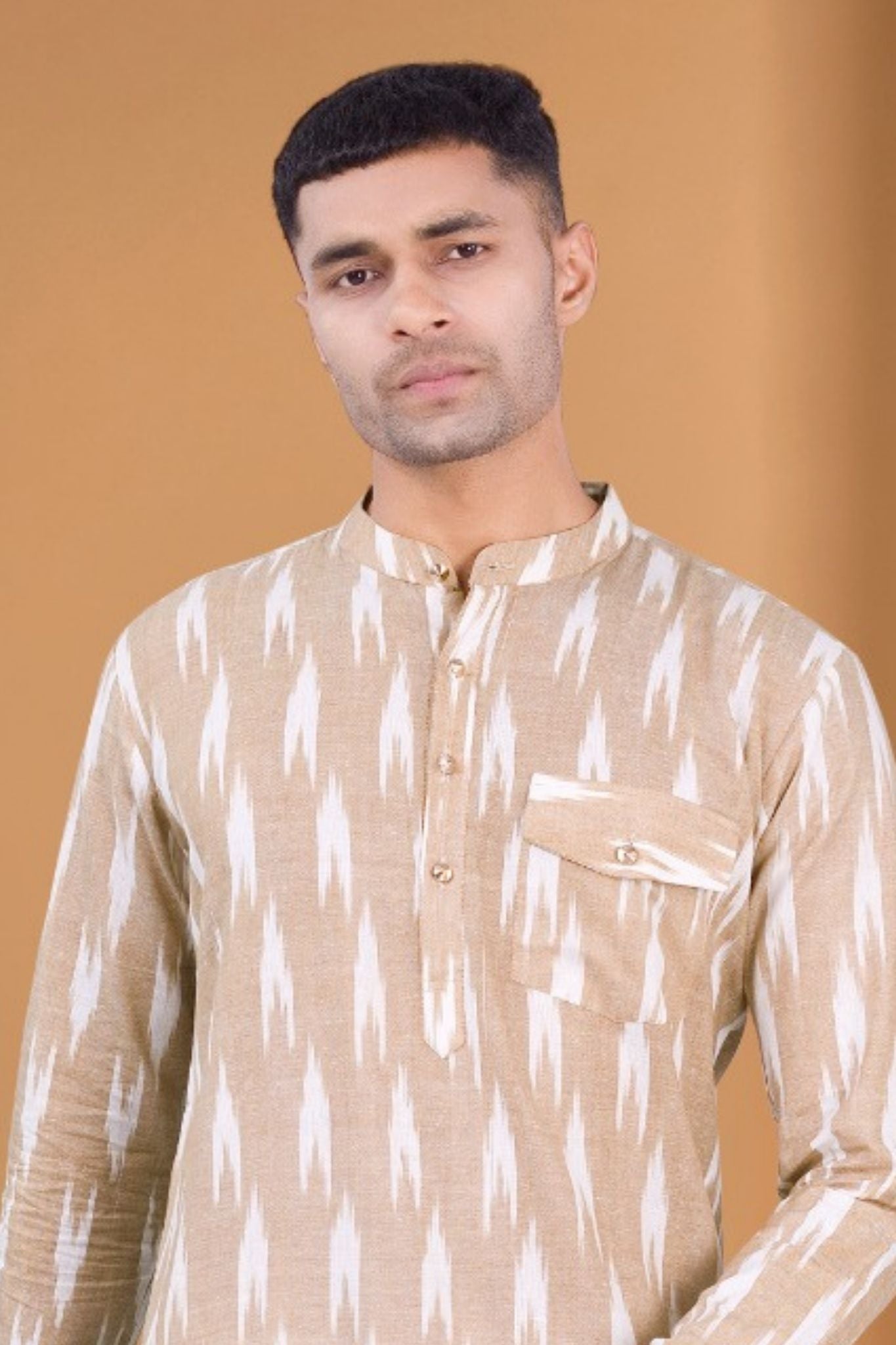 Cider Brown Ikat Print Kurta Peshawari Set
