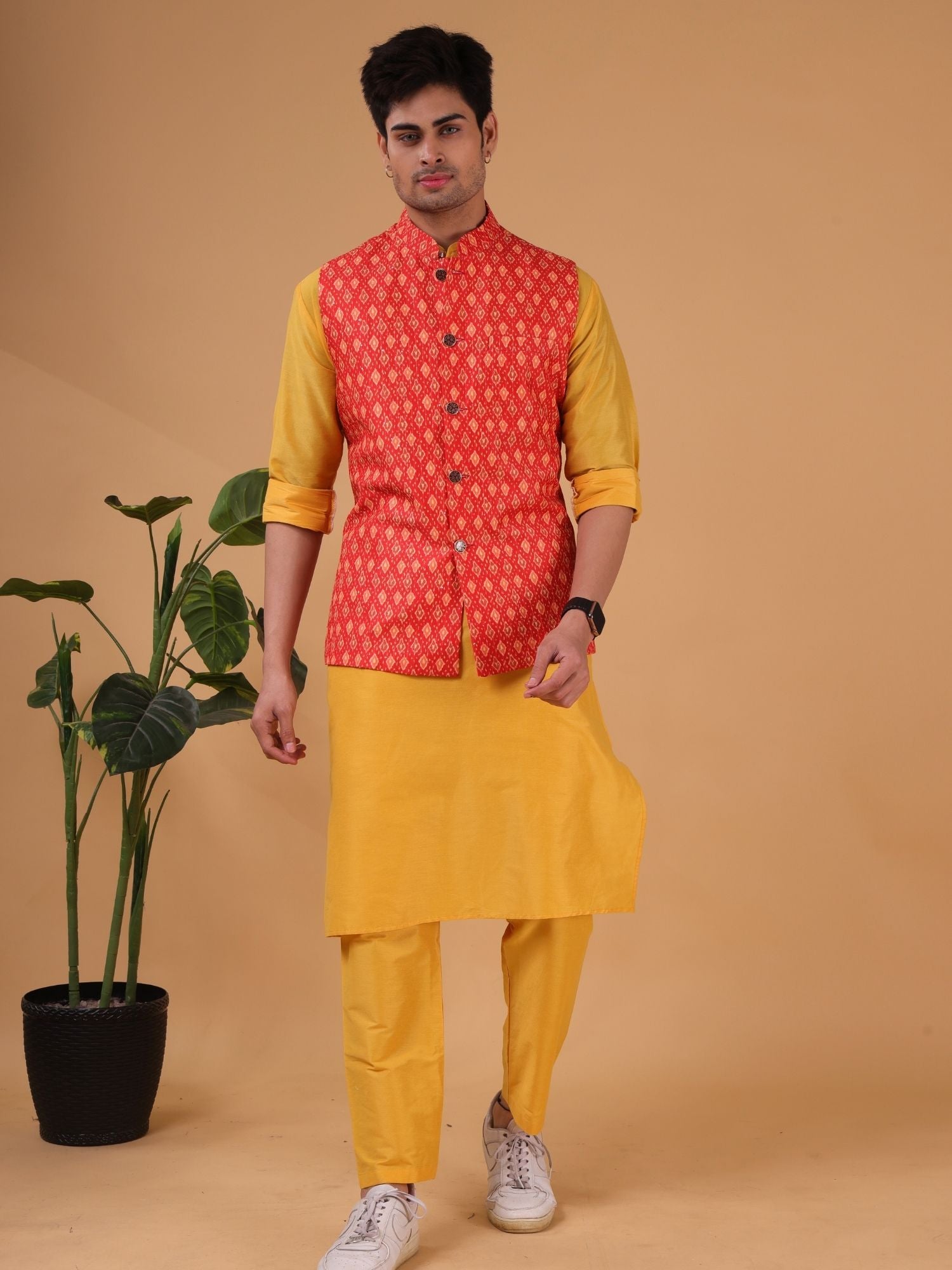 Apricot Orange Buti Print Silk Nehru Jacket