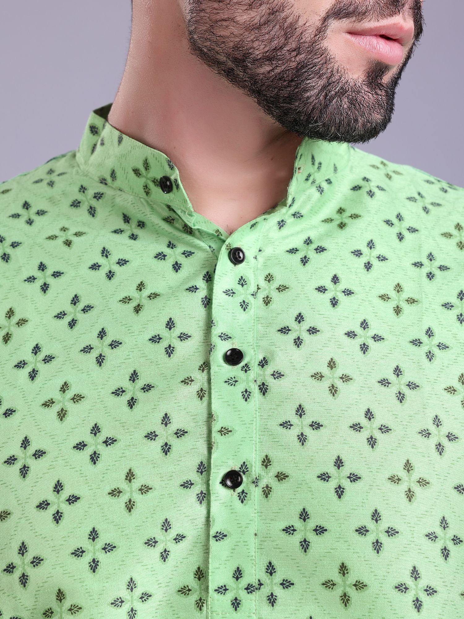 Tropical Green Hloom Printed Silk Kurta Pajama Set