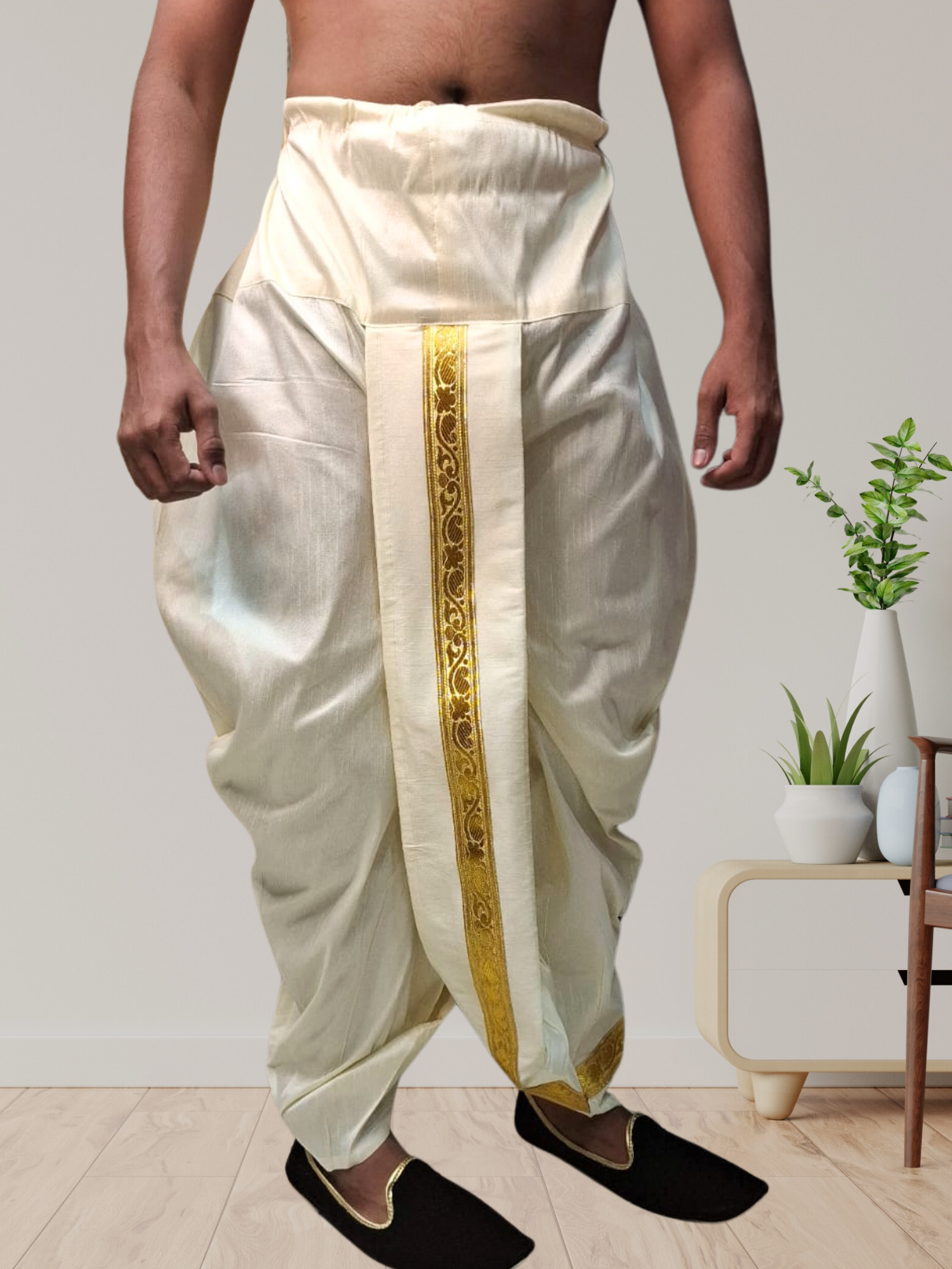 Butter Cream Silk Printed Kurta and Matching Dhoti