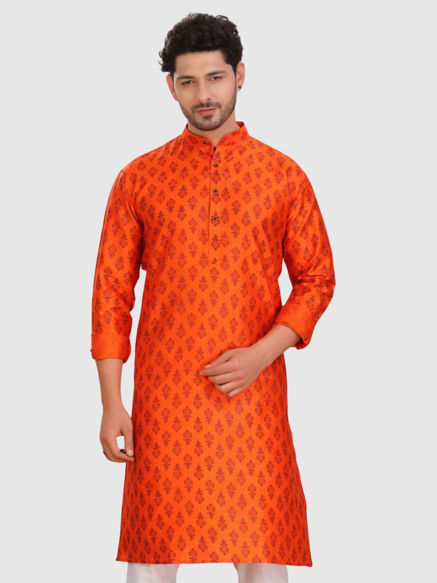 Apricot Orange Silk Printed Kurta and Matching Dhoti