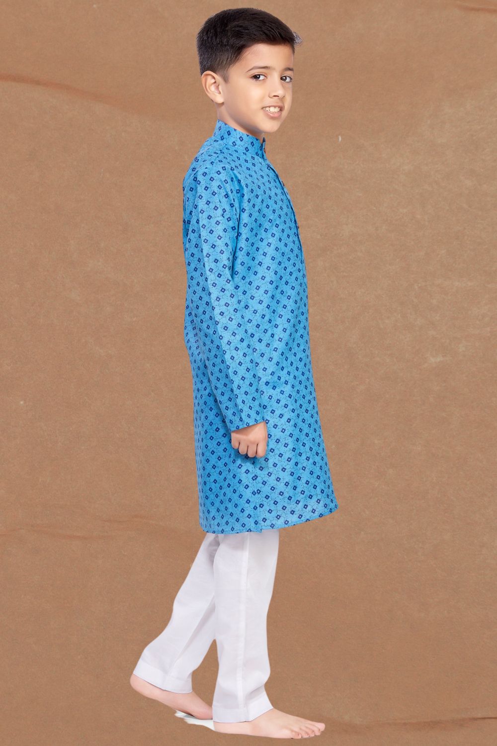 Azure Blue Printed Cotton-Silk Kurta