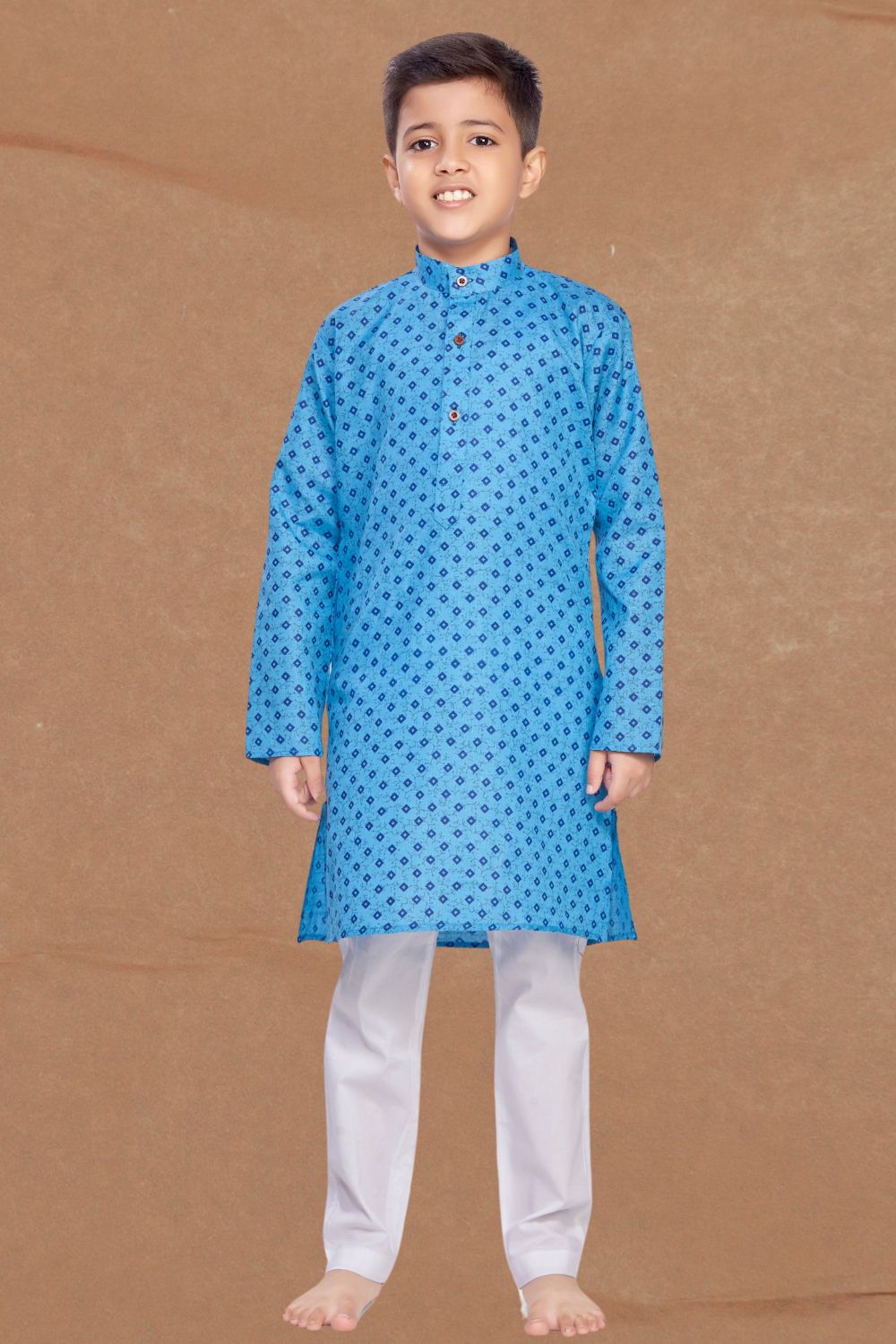 Azure Blue Printed Cotton-Silk Kurta