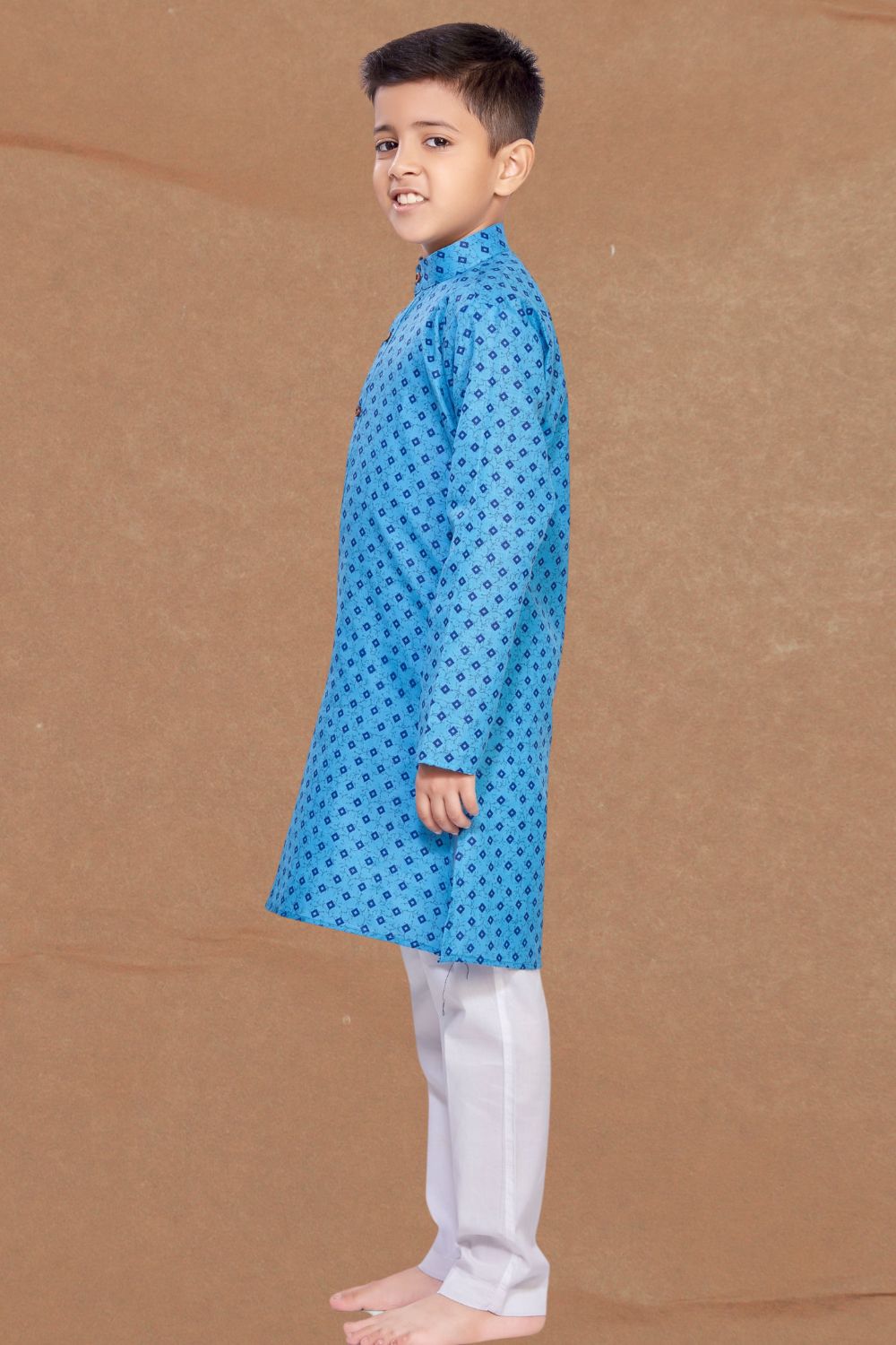 Azure Blue Printed Cotton-Silk Kurta